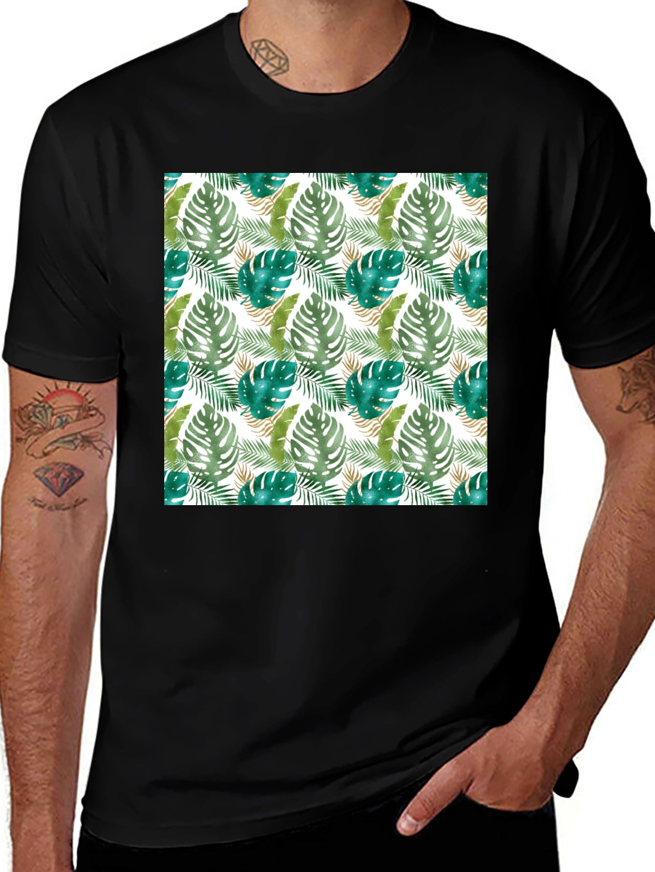 Tropical Leaf Print Black T-Shirt