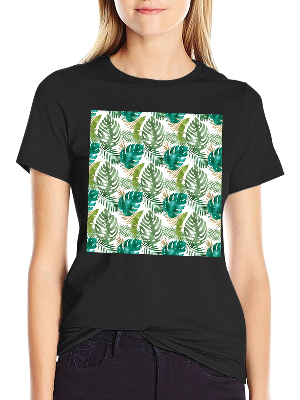 Tropical Leaf Print Black T-Shirt