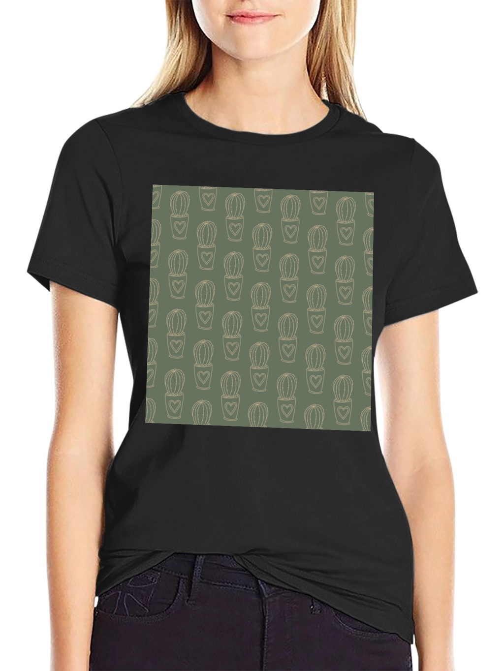 Trendy Cactus Heart Tee - Black Cotton Comfort