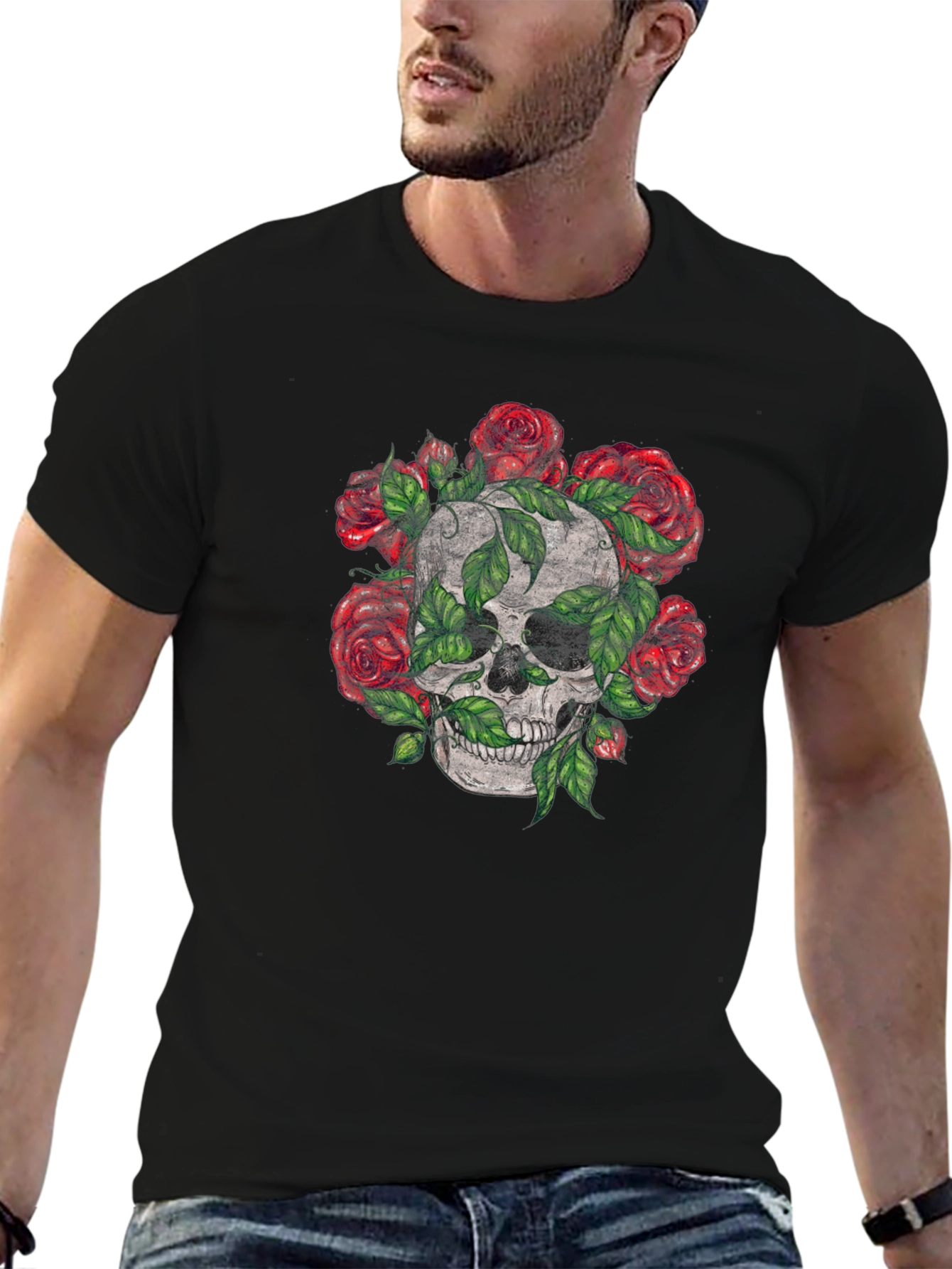 Skull & Roses Graphic Tee - Mens Black T-Shirt