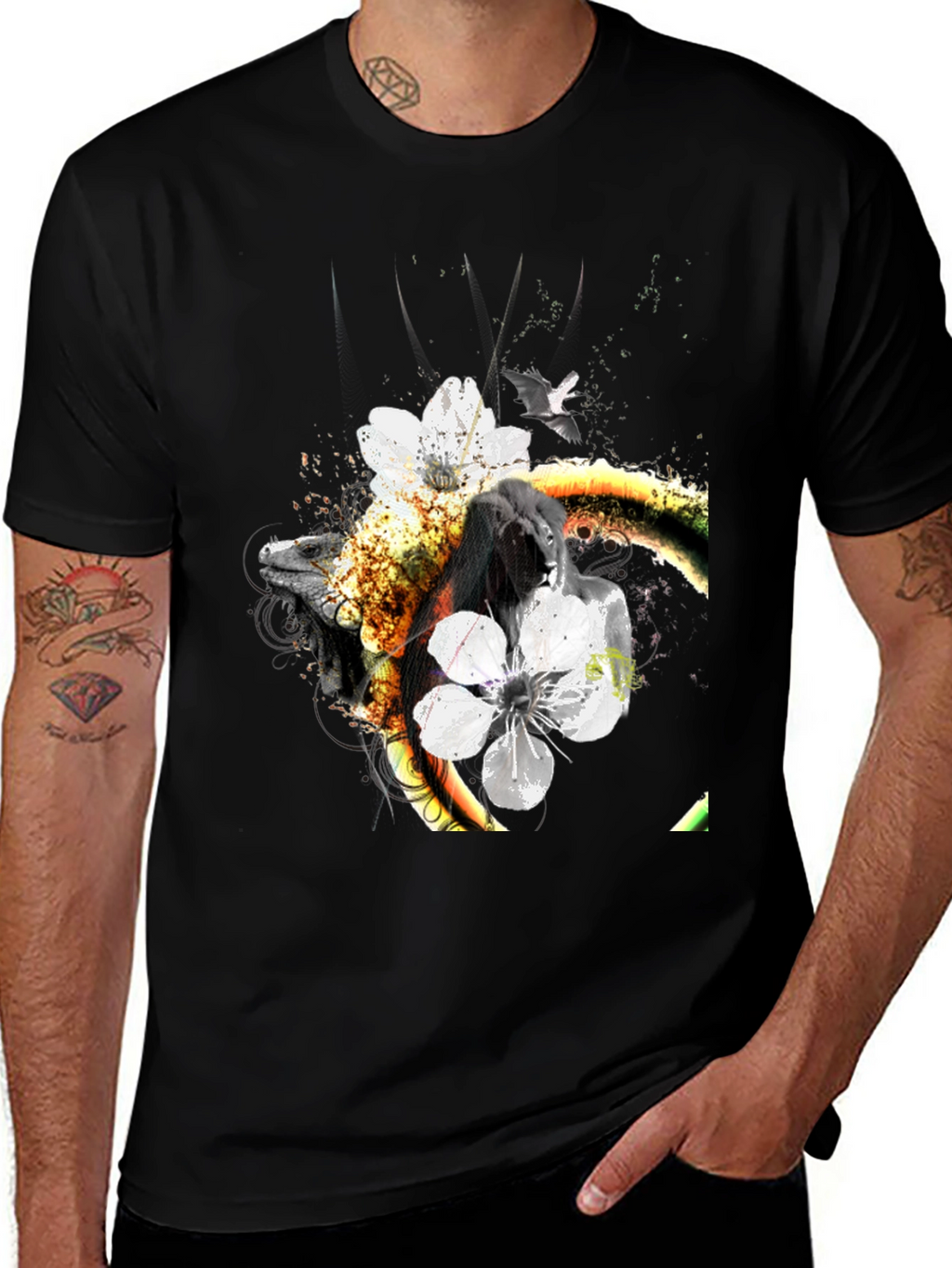 Unique Floral & Fauna Graphic Tee - Black
