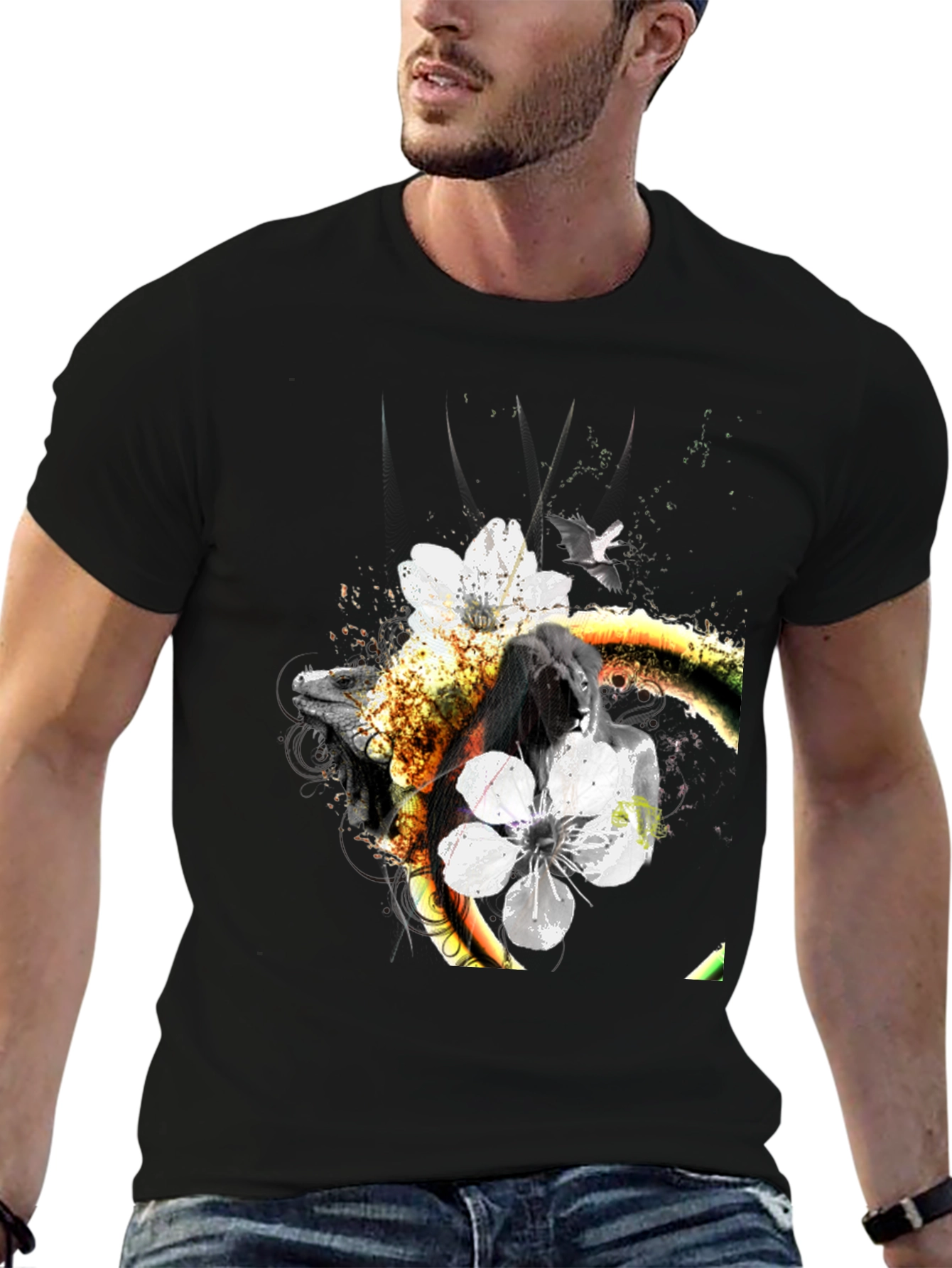 Unique Floral & Fauna Graphic Tee - Black