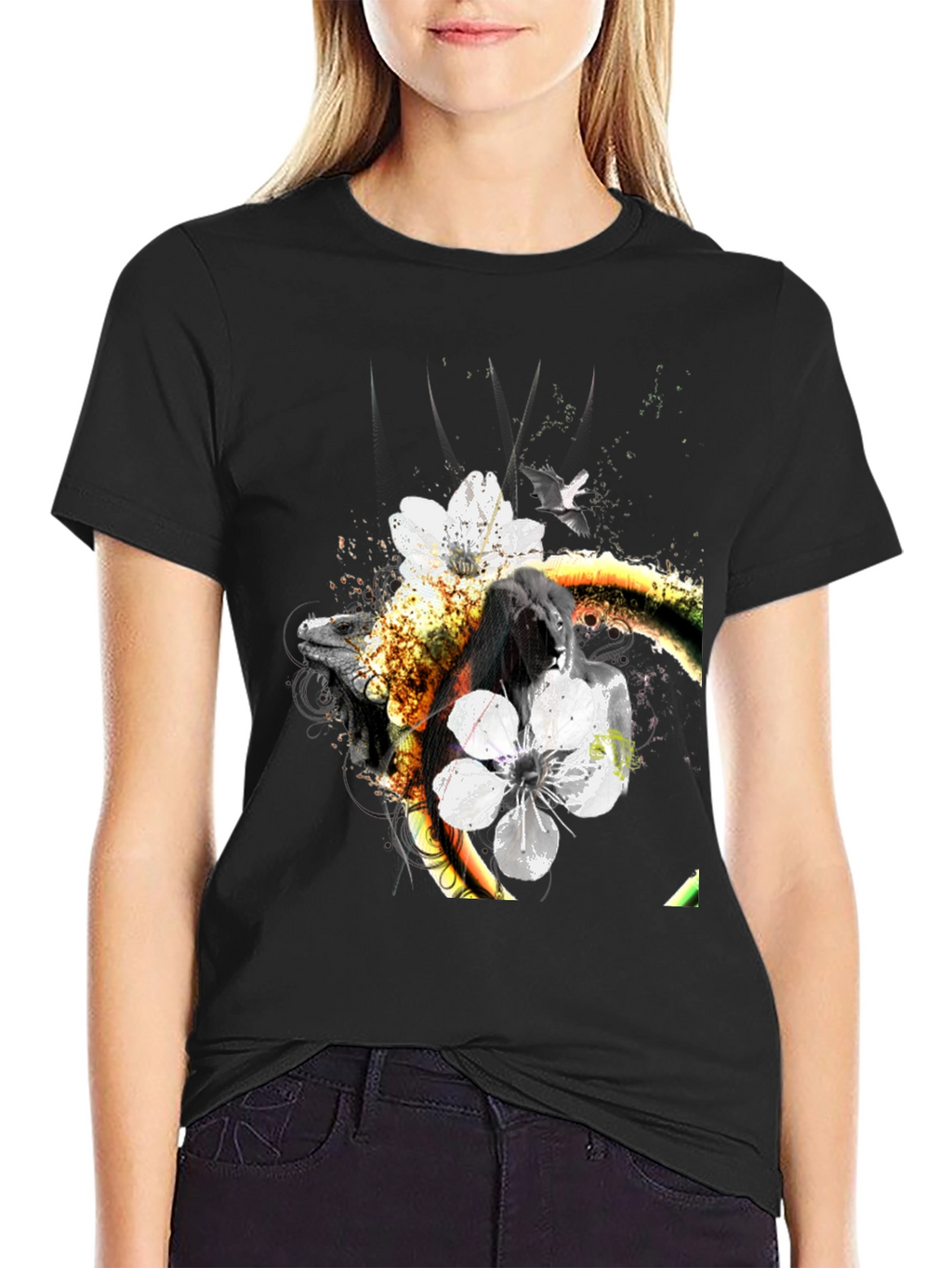 Unique Floral & Fauna Graphic Tee - Black
