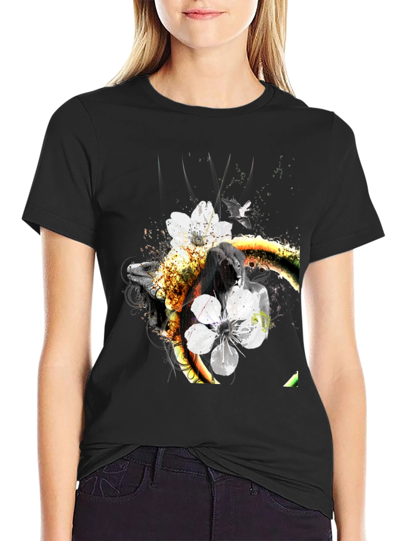 Unique Floral & Fauna Graphic Tee - Black