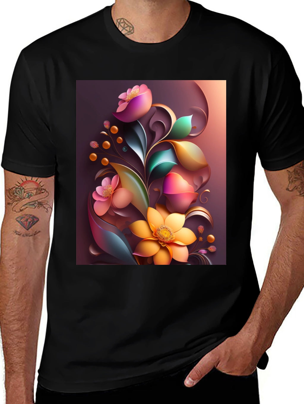 Floral Art Graphic Print Black T-Shirt
