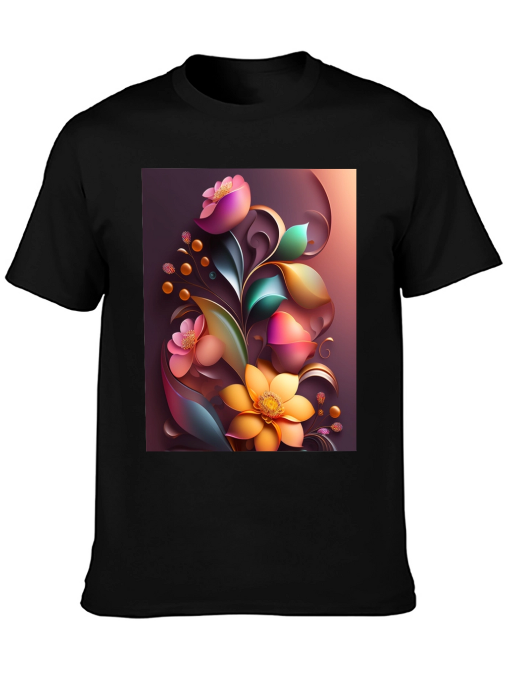 Floral Art Graphic Print Black T-Shirt