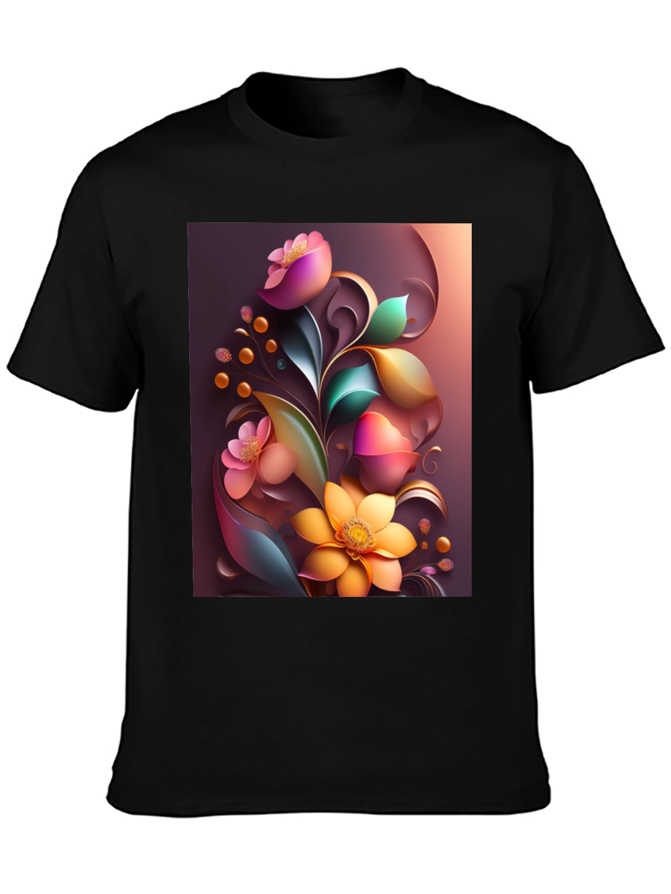 Floral Art Graphic Print Black T-Shirt