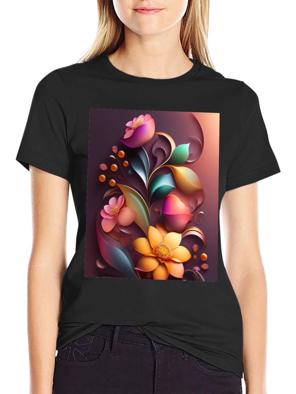 Floral Art Graphic Print Black T-Shirt