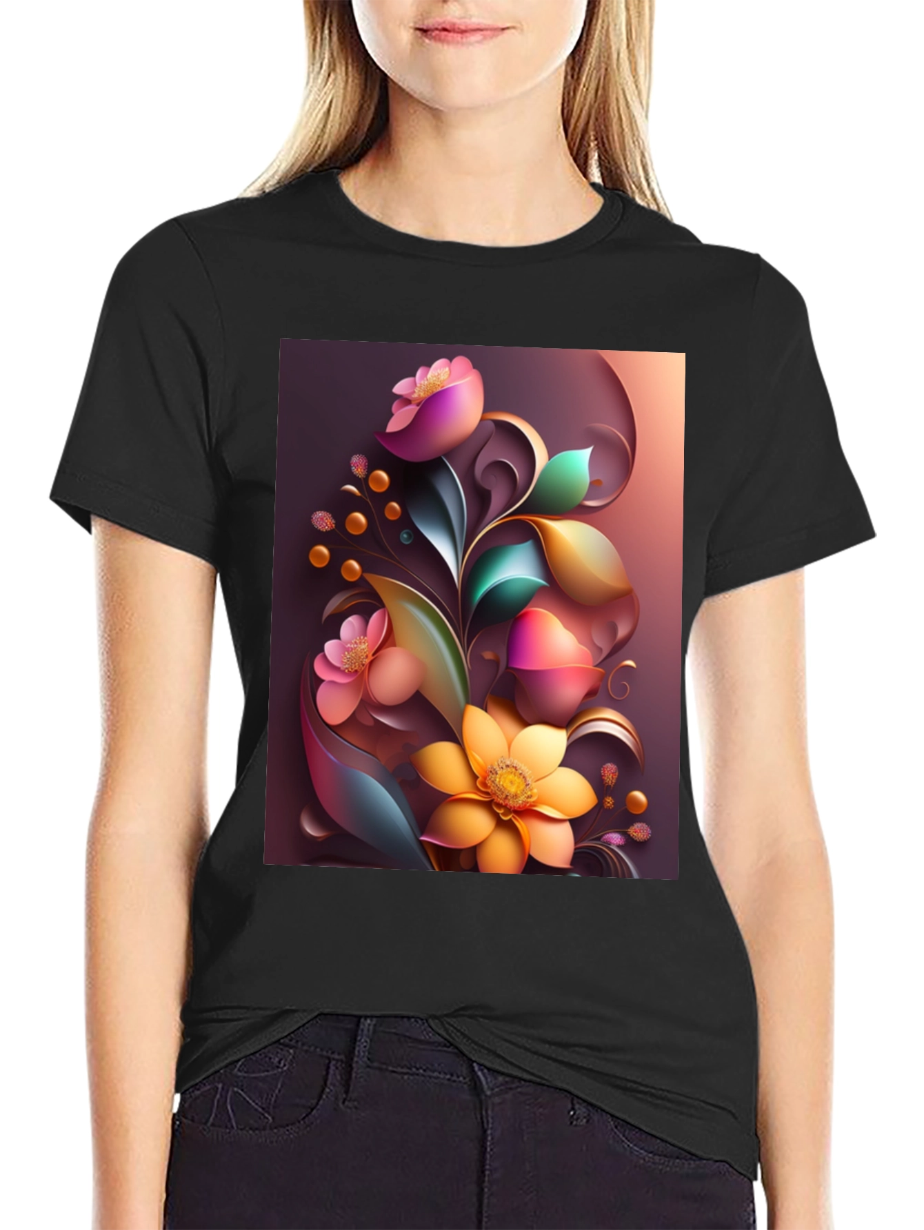 Floral Art Graphic Print Black T-Shirt