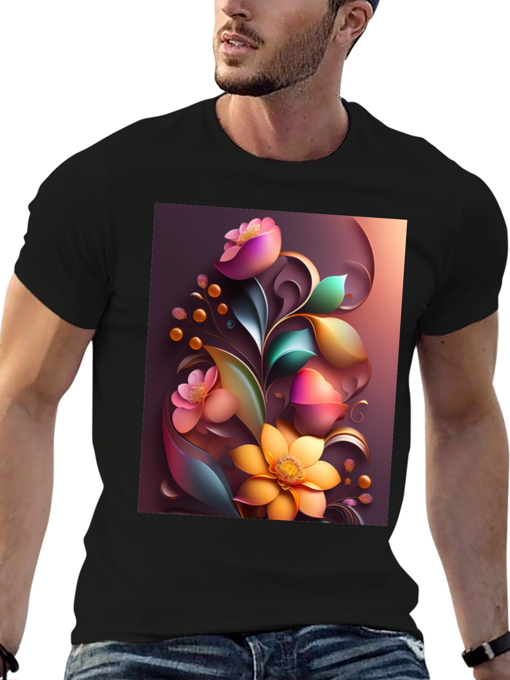 Floral Art Graphic Print Black T-Shirt