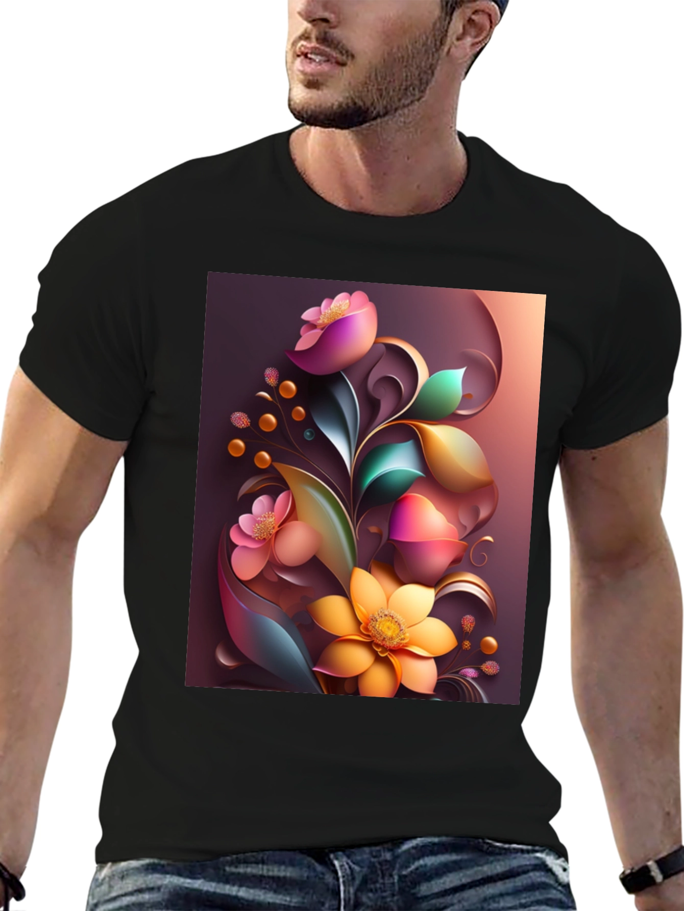 Floral Art Graphic Print Black T-Shirt