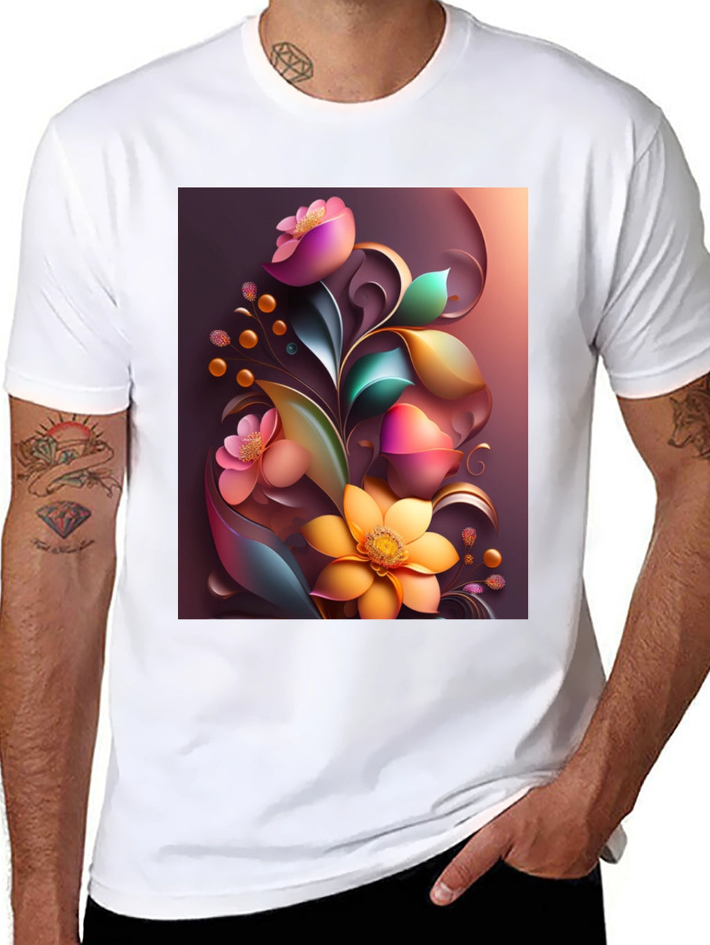 Floral Art Graphic Print Black T-Shirt