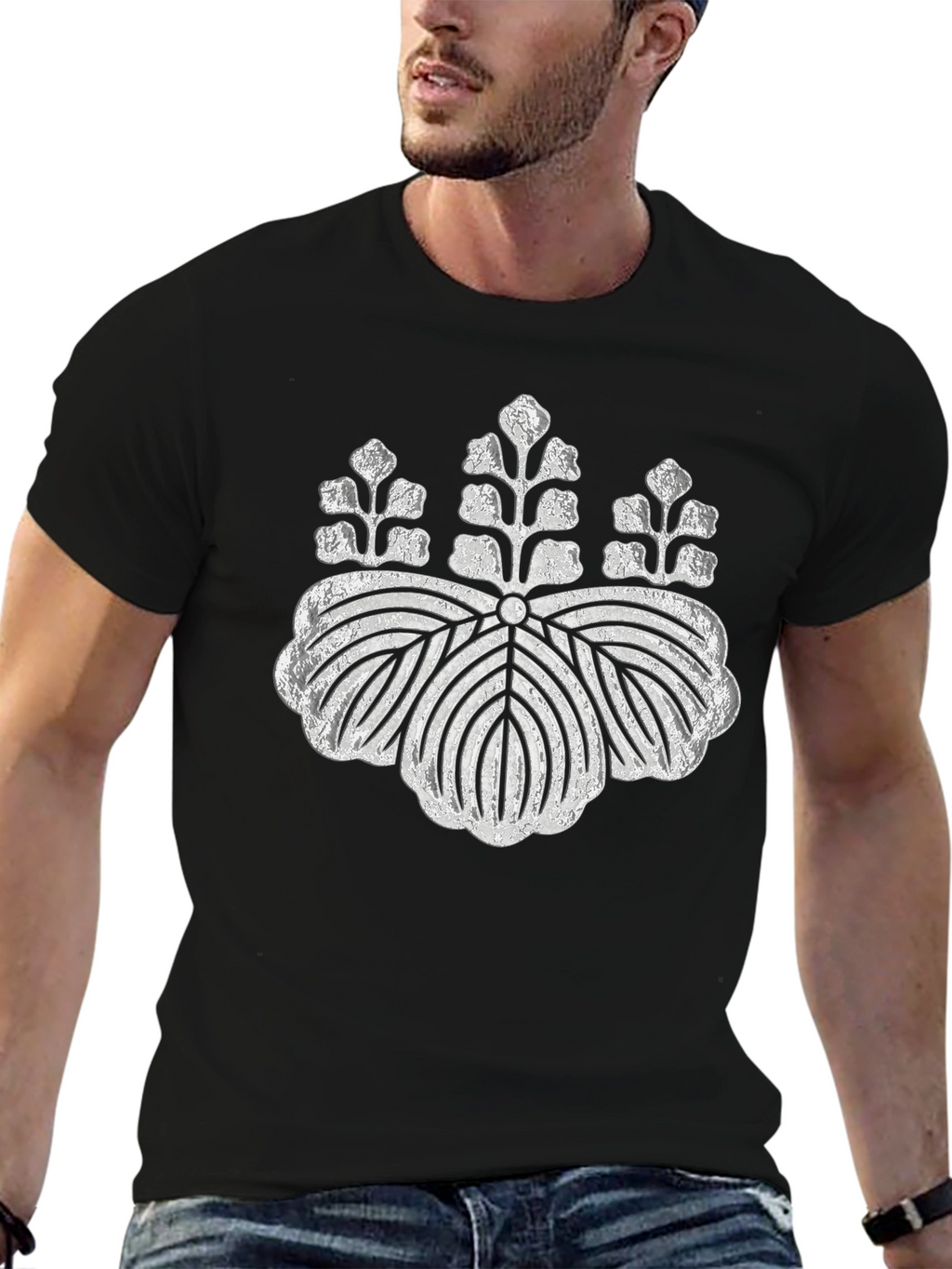 Black T-Shirt with Silver Japanese Crest Design