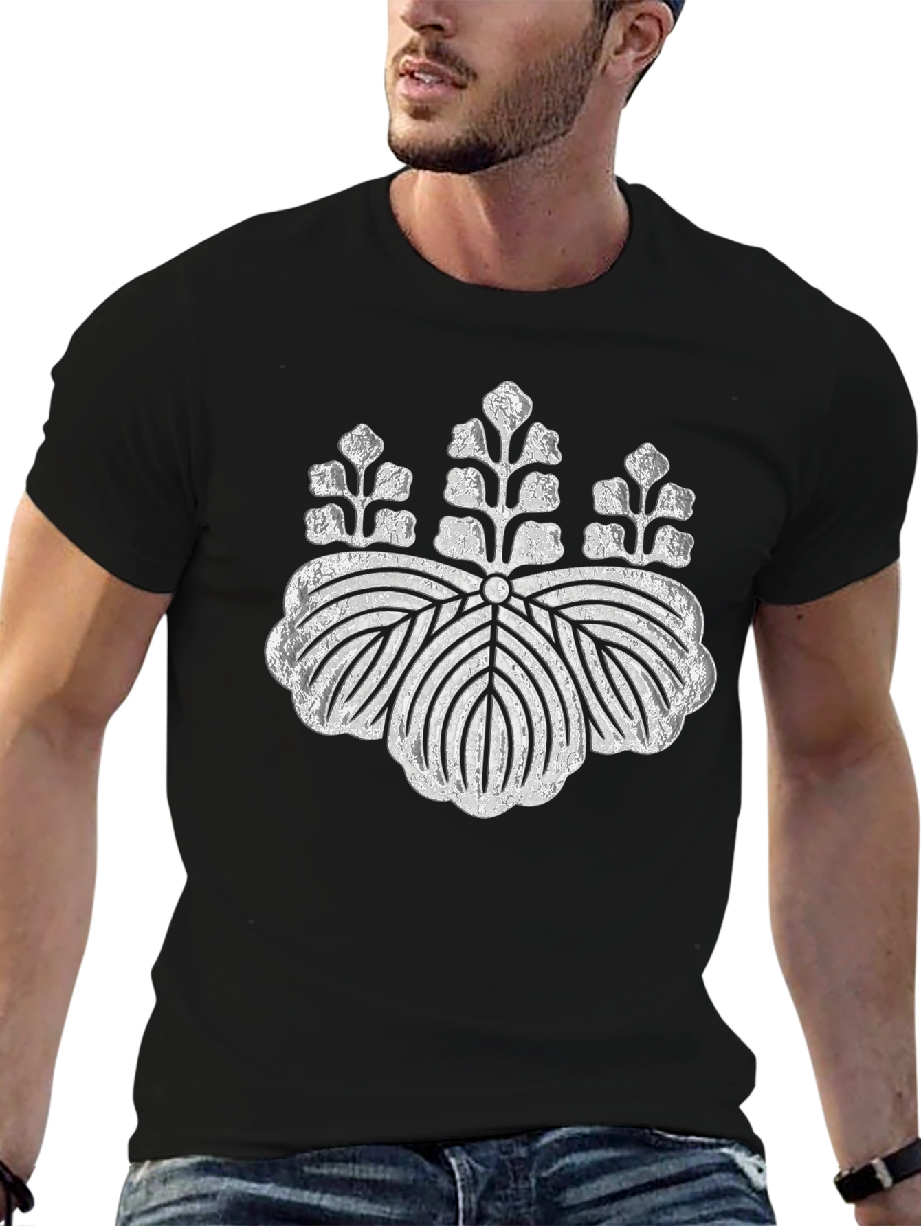 Black T-Shirt with Silver Japanese Crest Design