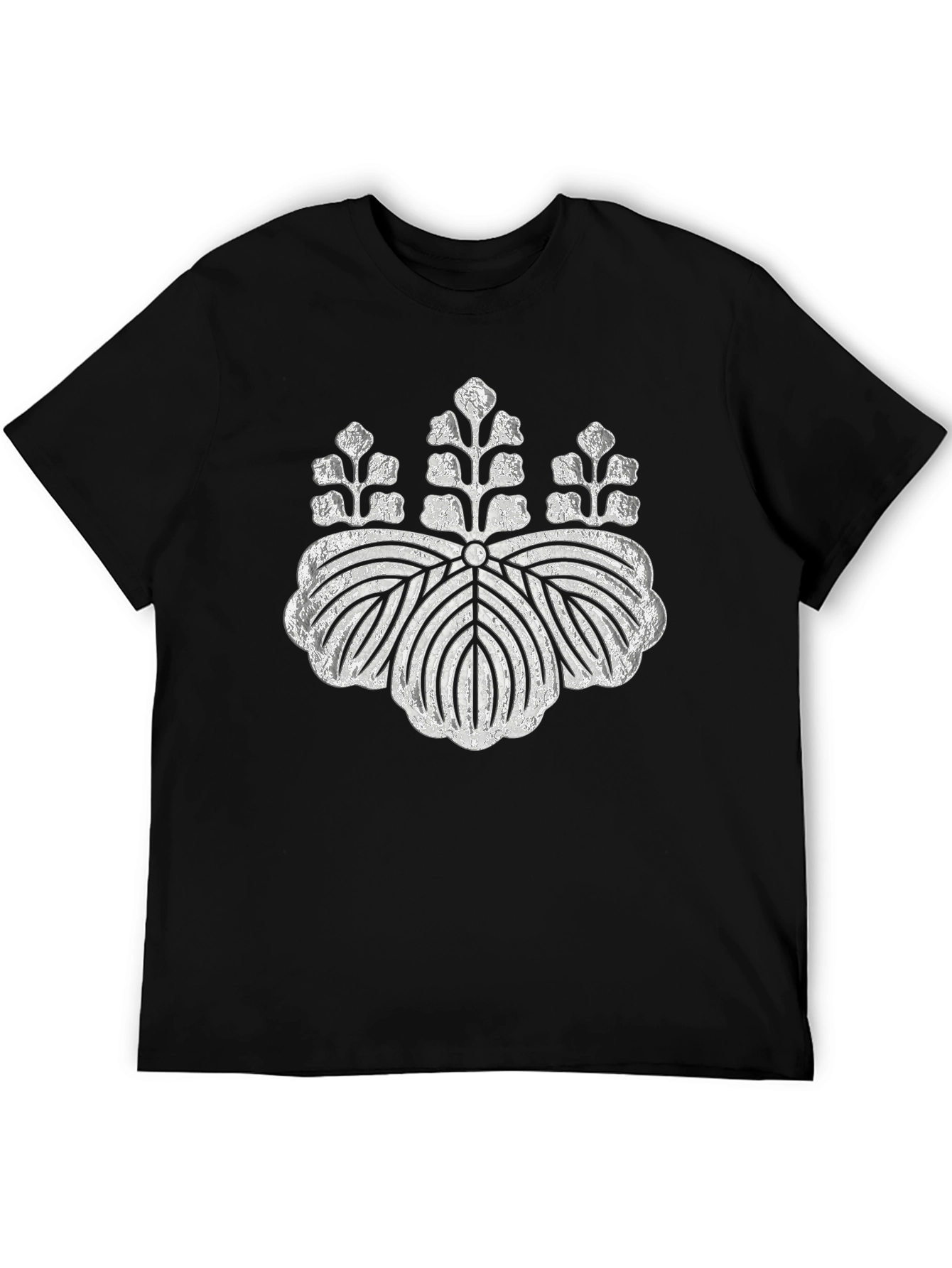 Black T-Shirt with Silver Japanese Crest Design