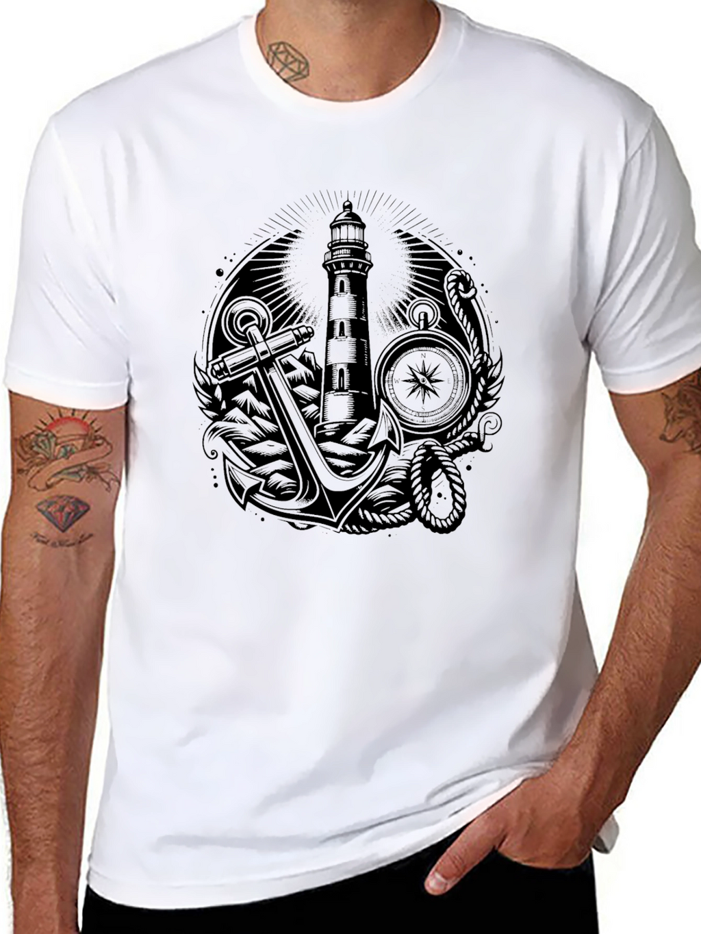 Nautical Lighthouse Anchor Graphic Tee - Black