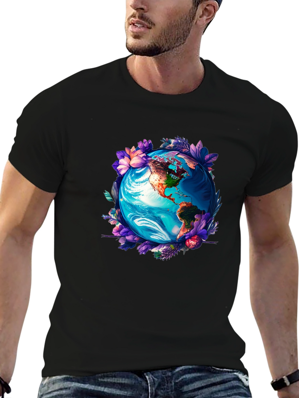 Earth Globe Floral Graphic Tee - Black T-Shirt
