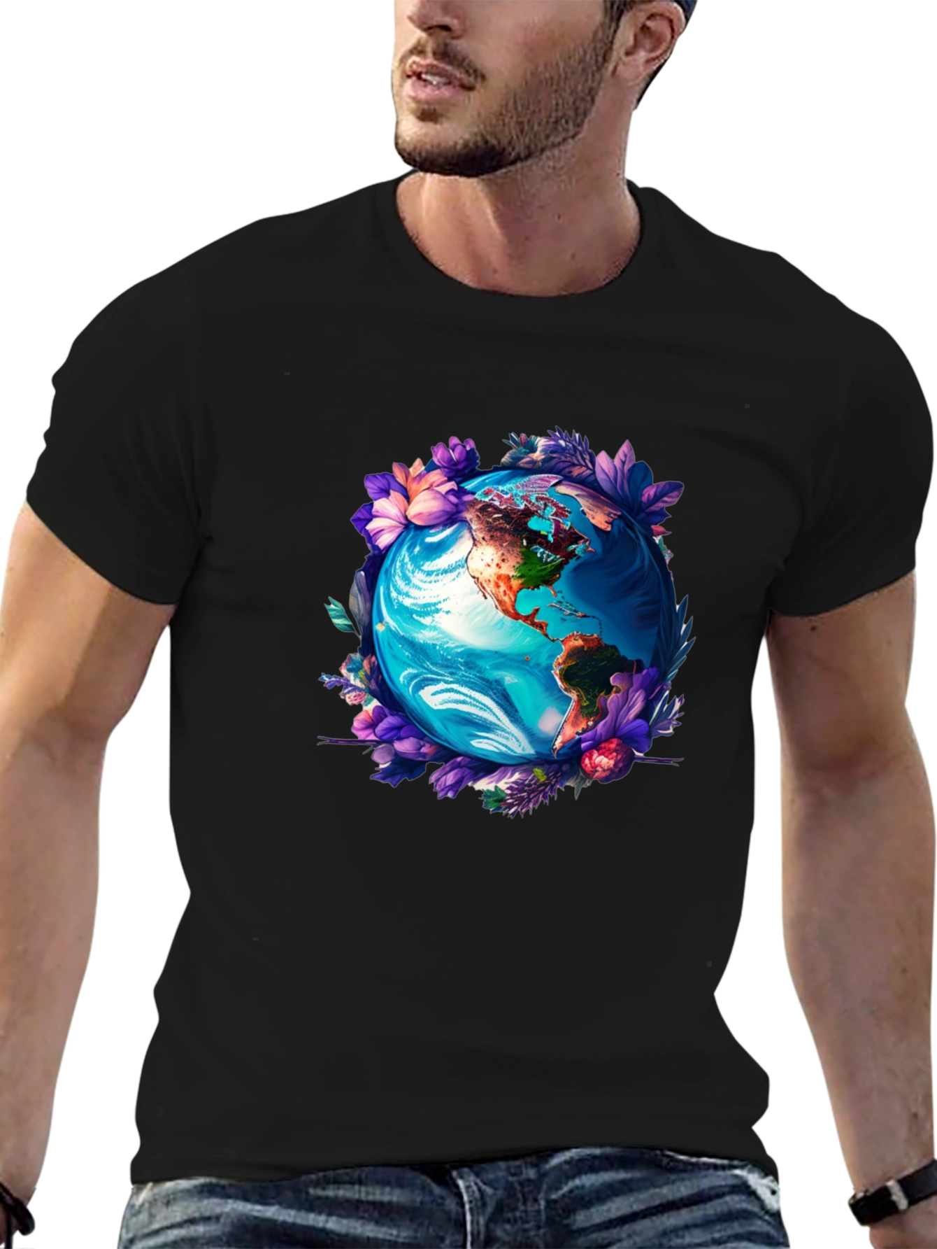 Earth Globe Floral Graphic Tee - Black T-Shirt