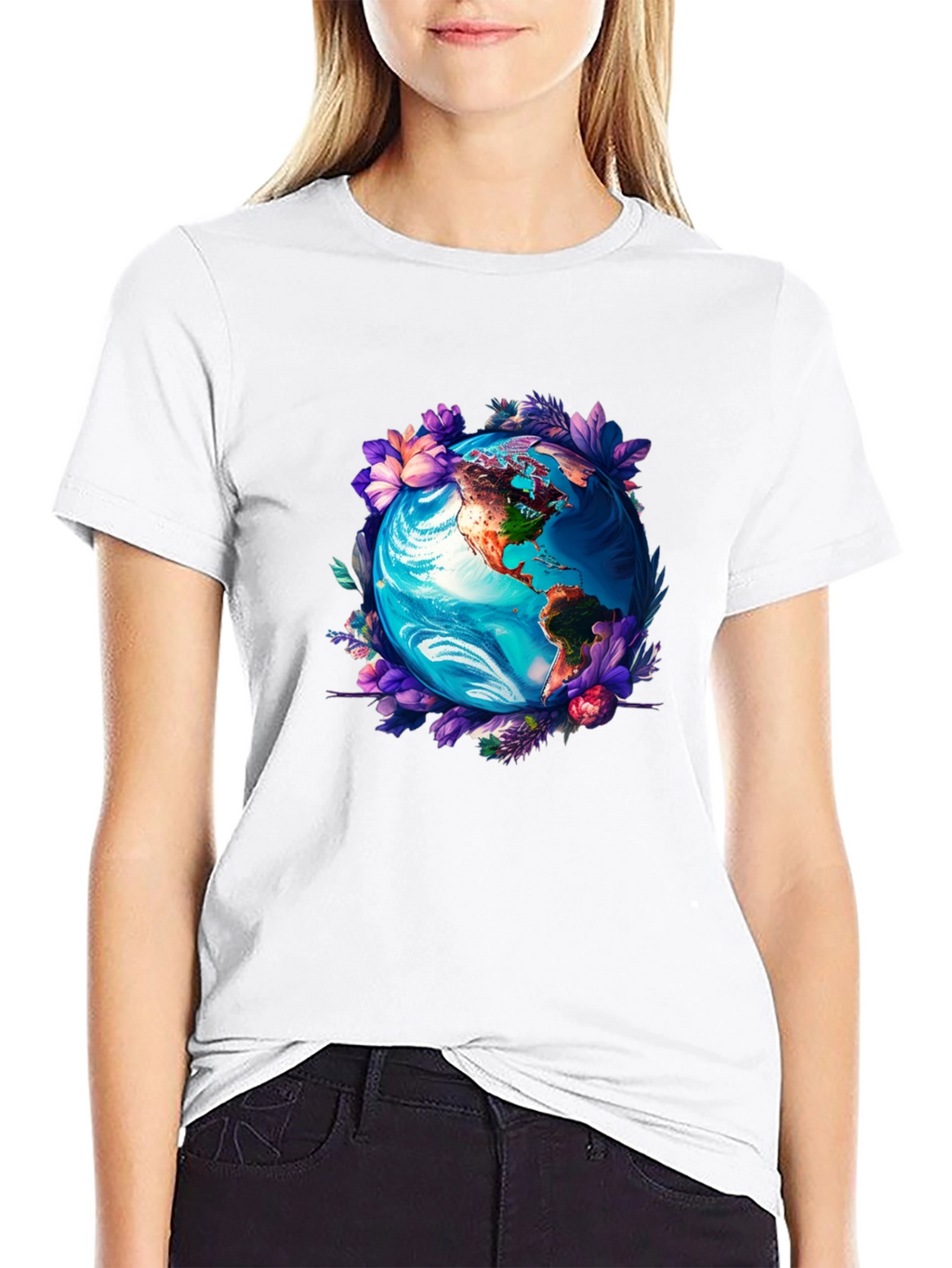 Earth Globe Floral Graphic Tee - Black T-Shirt