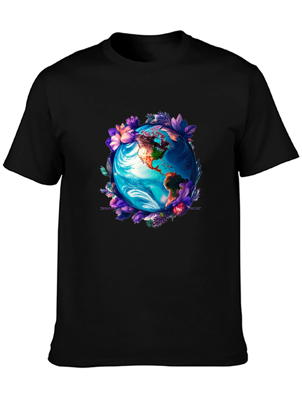 Earth Globe Floral Graphic Tee - Black T-Shirt