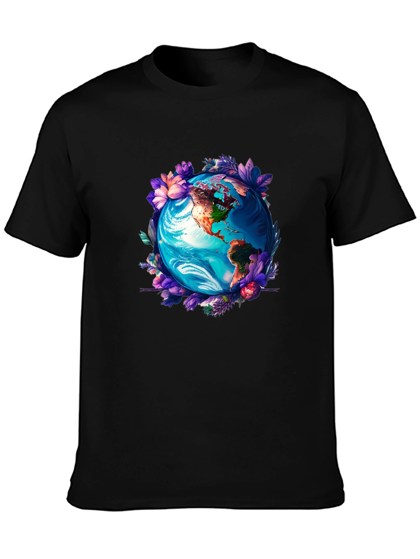 Earth Globe Floral Graphic Tee - Black T-Shirt