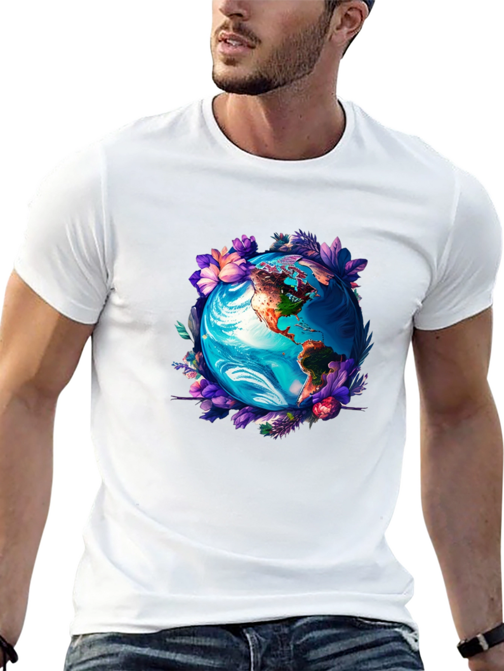 Earth Globe Floral Graphic Tee - Black T-Shirt