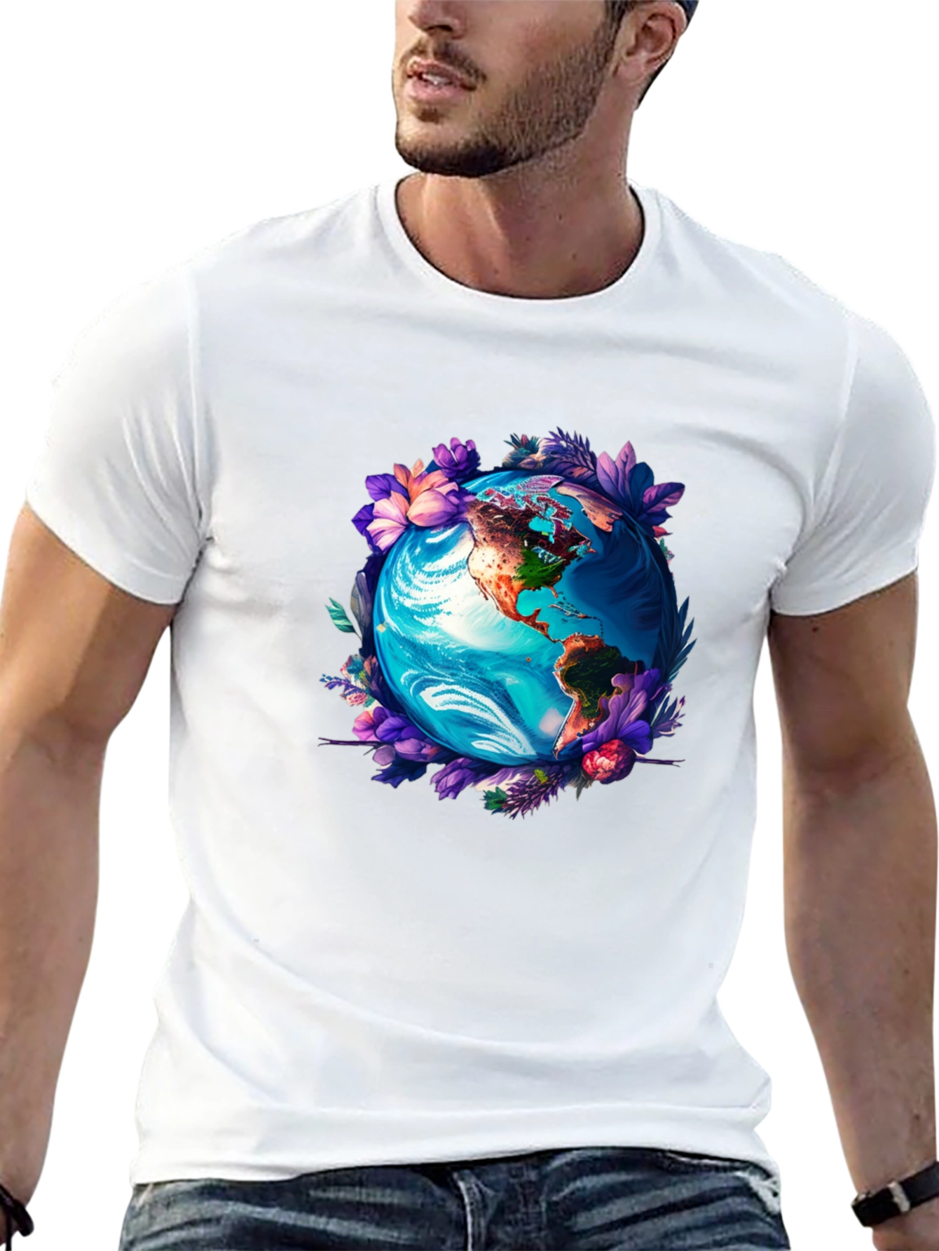 Earth Globe Floral Graphic Tee - Black T-Shirt