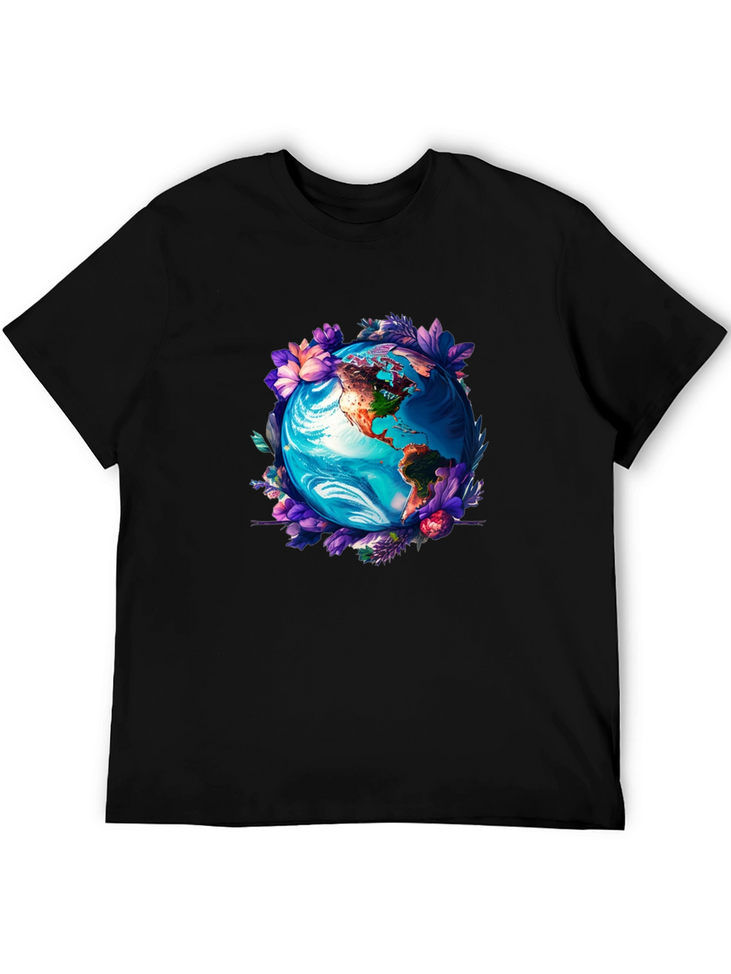 Earth Globe Floral Graphic Tee - Black T-Shirt