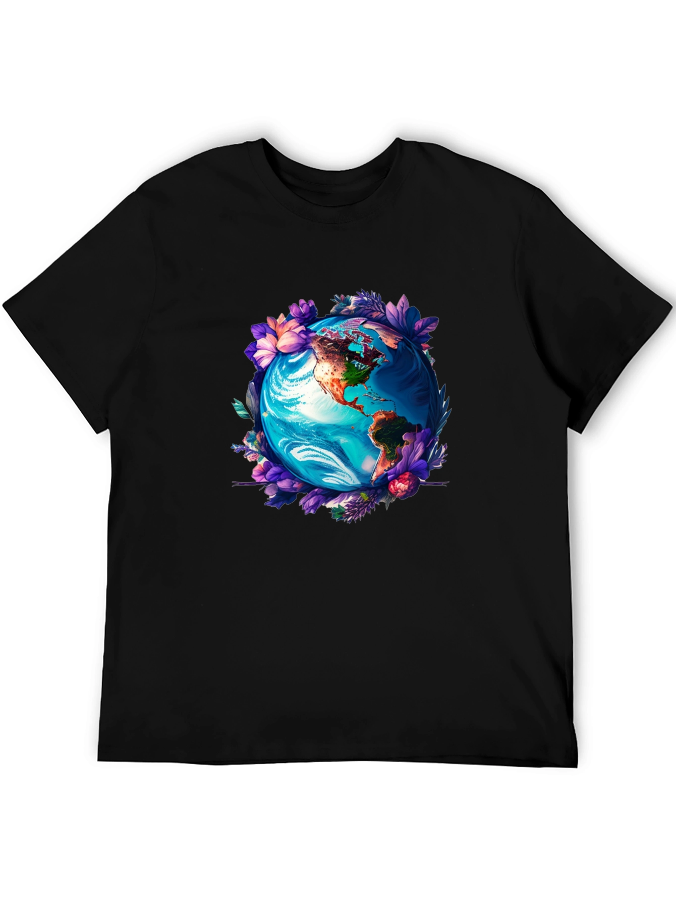 Earth Globe Floral Graphic Tee - Black T-Shirt