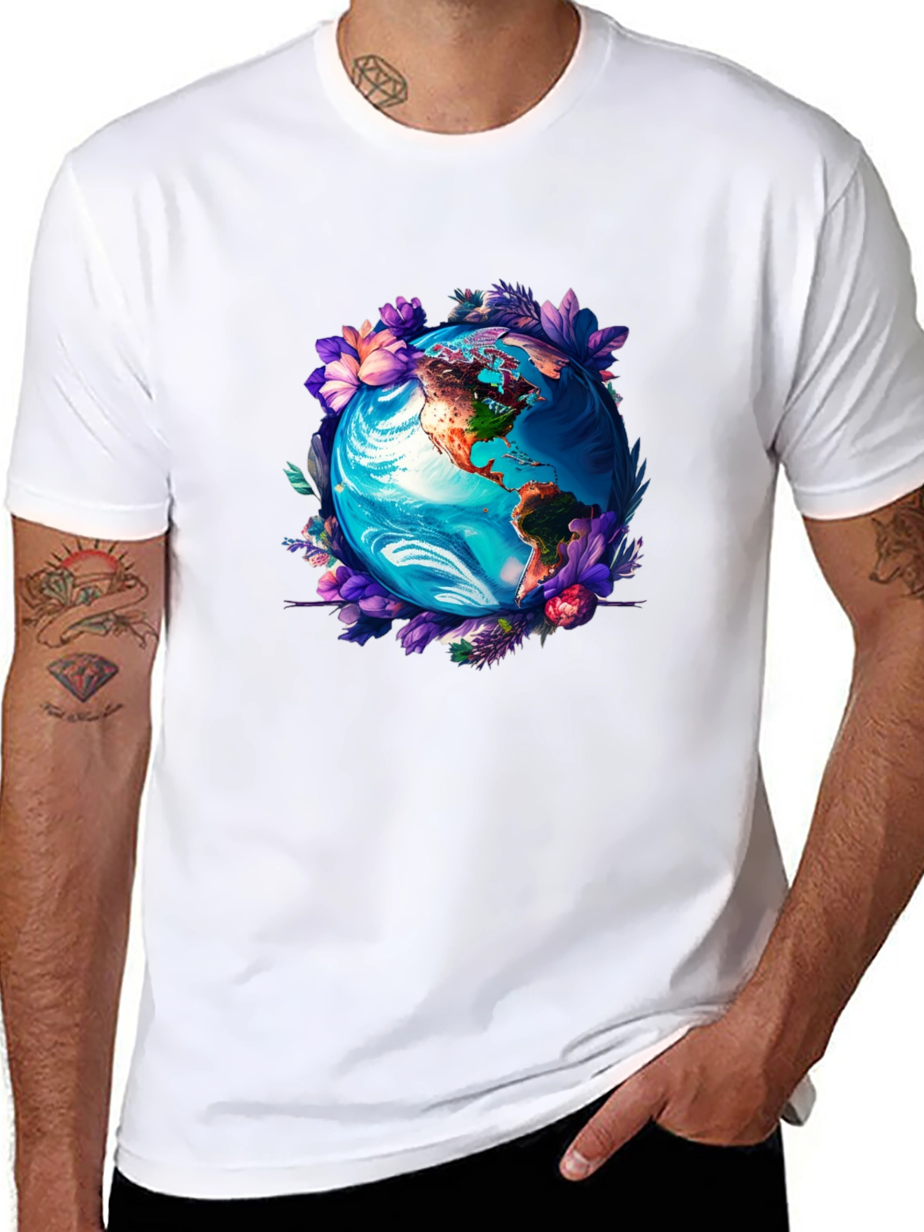 Earth Globe Floral Graphic Tee - Black T-Shirt