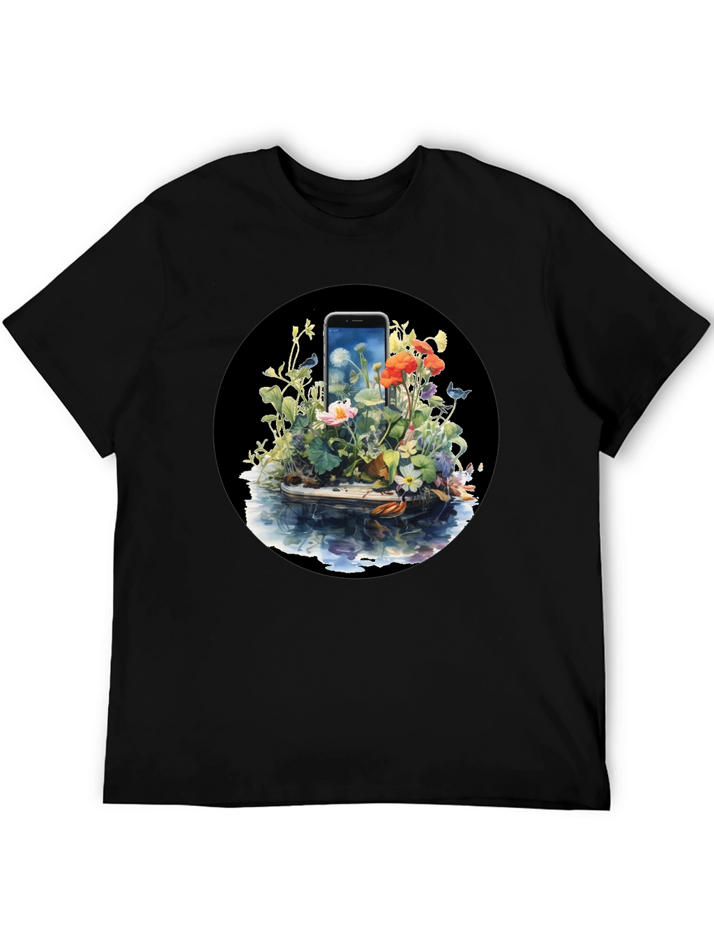 Floral Phone Art Black T-Shirt