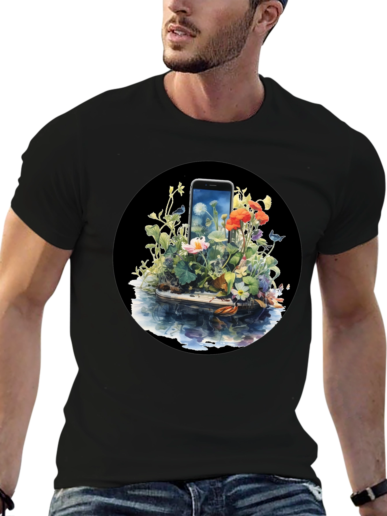Floral Phone Art Black T-Shirt