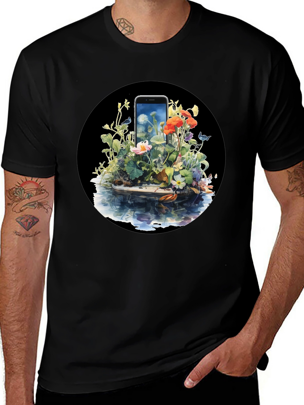 Floral Phone Art Black T-Shirt