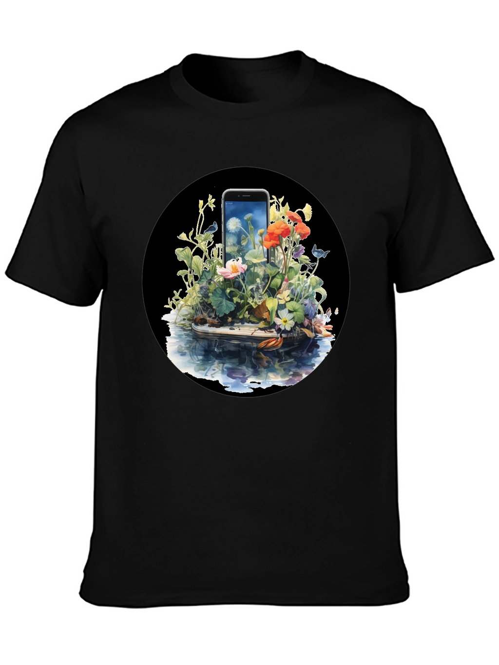 Floral Phone Art Black T-Shirt