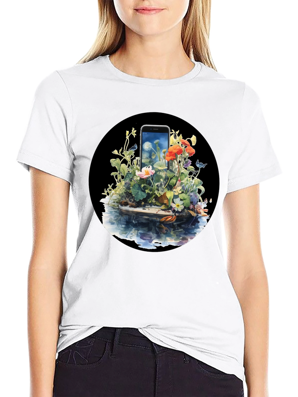 Floral Phone Art Black T-Shirt