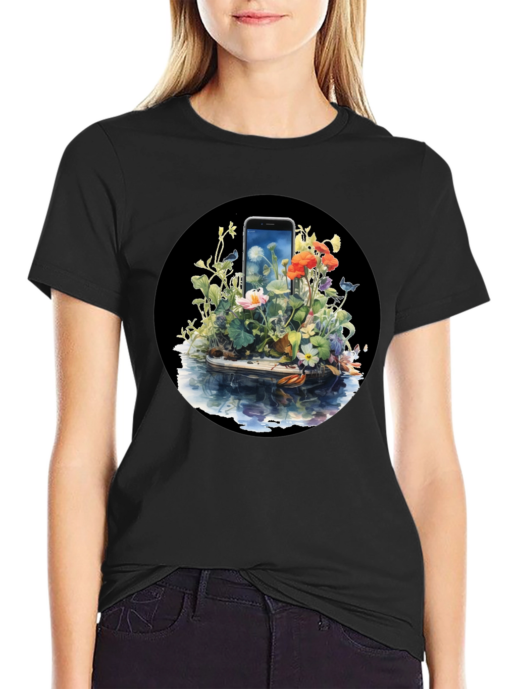 Floral Phone Art Black T-Shirt
