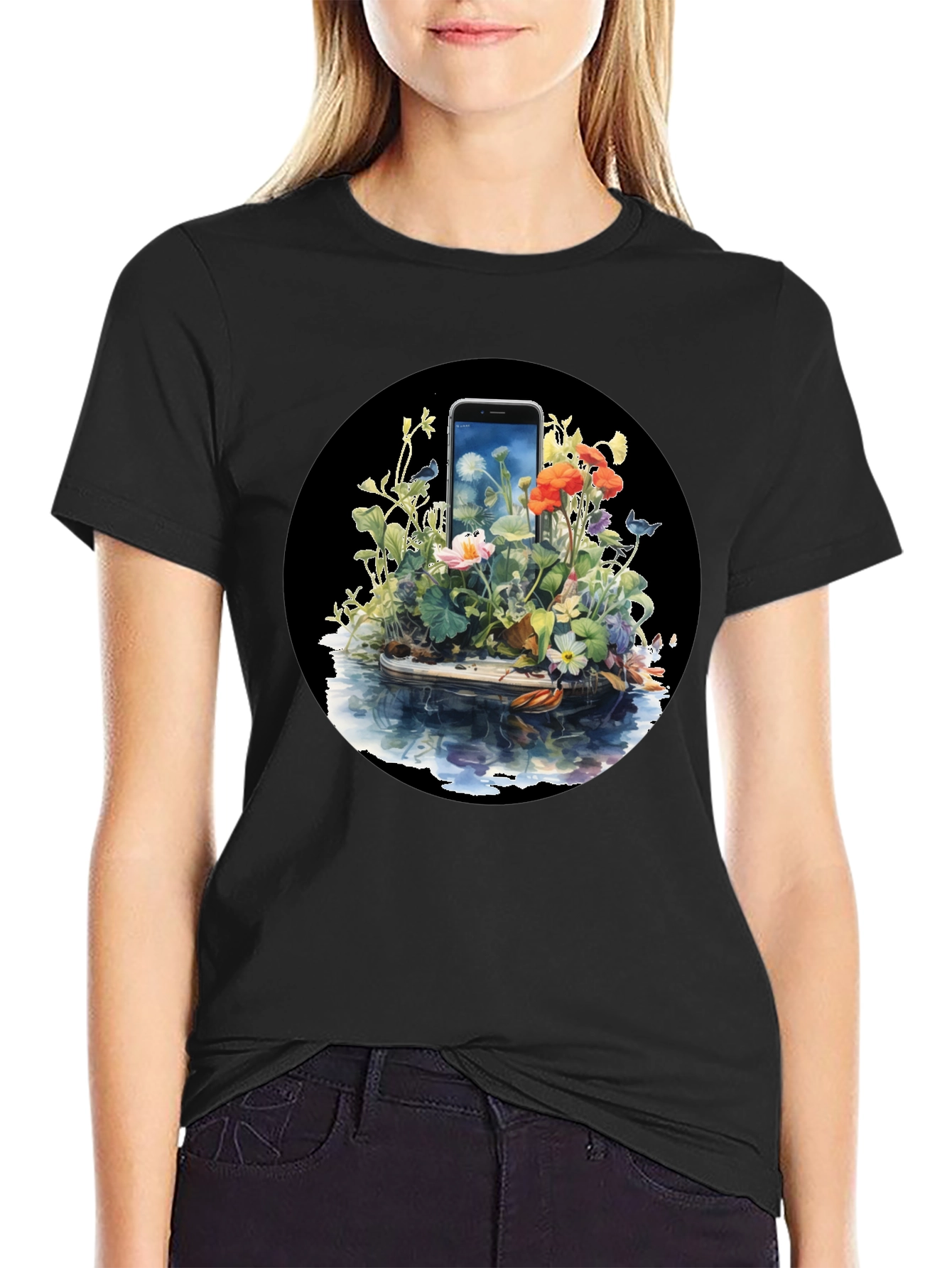 Floral Phone Art Black T-Shirt