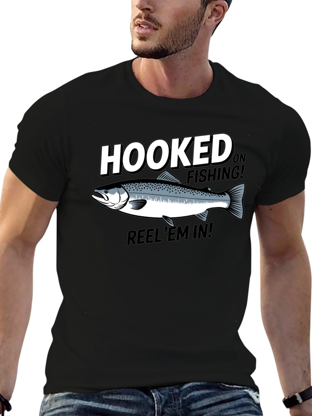 Hooked on Fishing Black Graphic T-Shirt