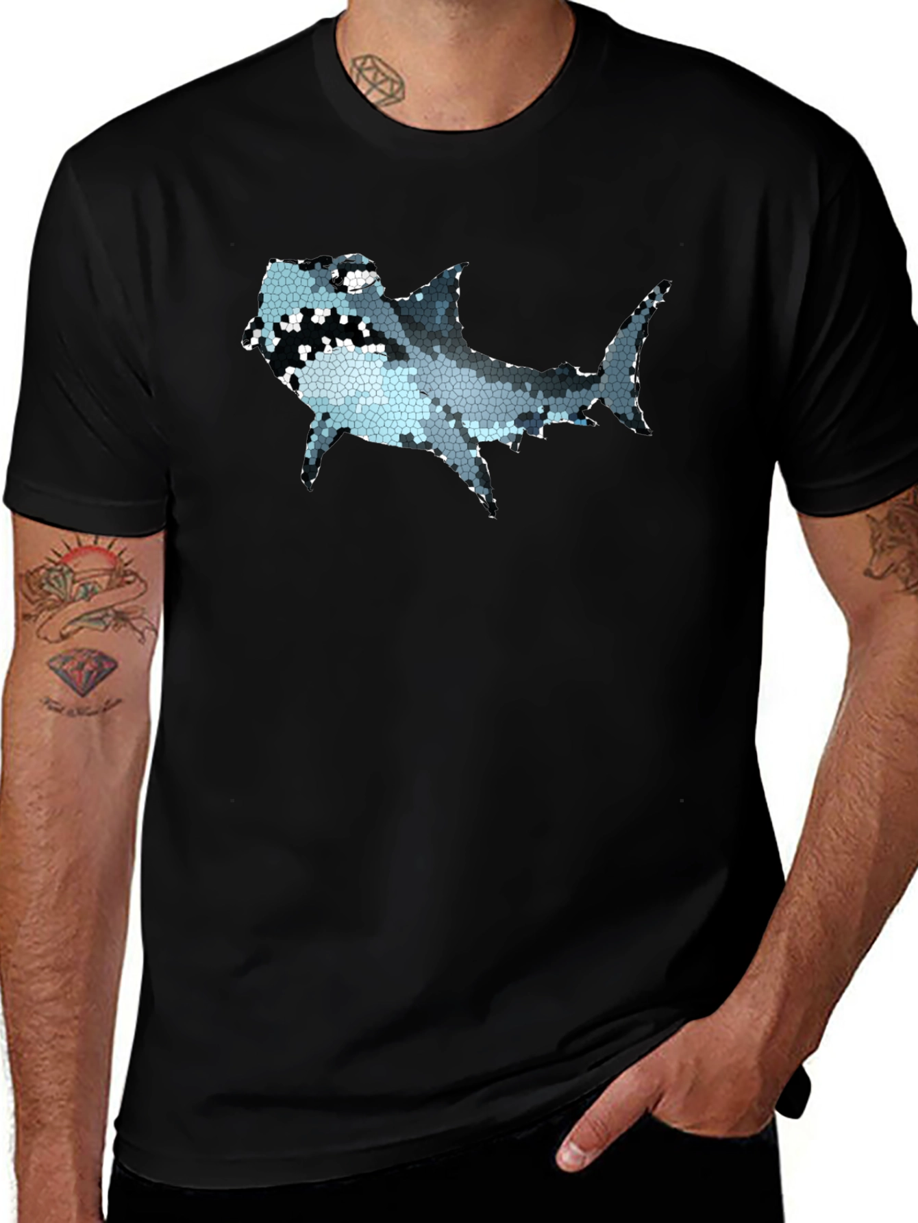 Mosaic Shark Graphic Tee - Black Cotton T-Shirt