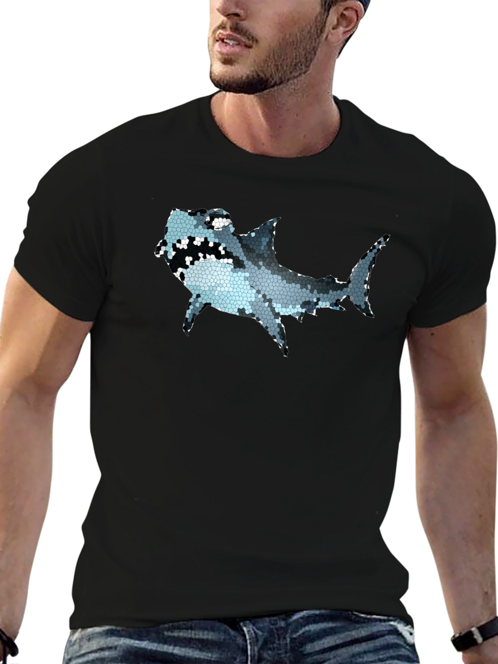 Mosaic Shark Graphic Tee - Black Cotton T-Shirt