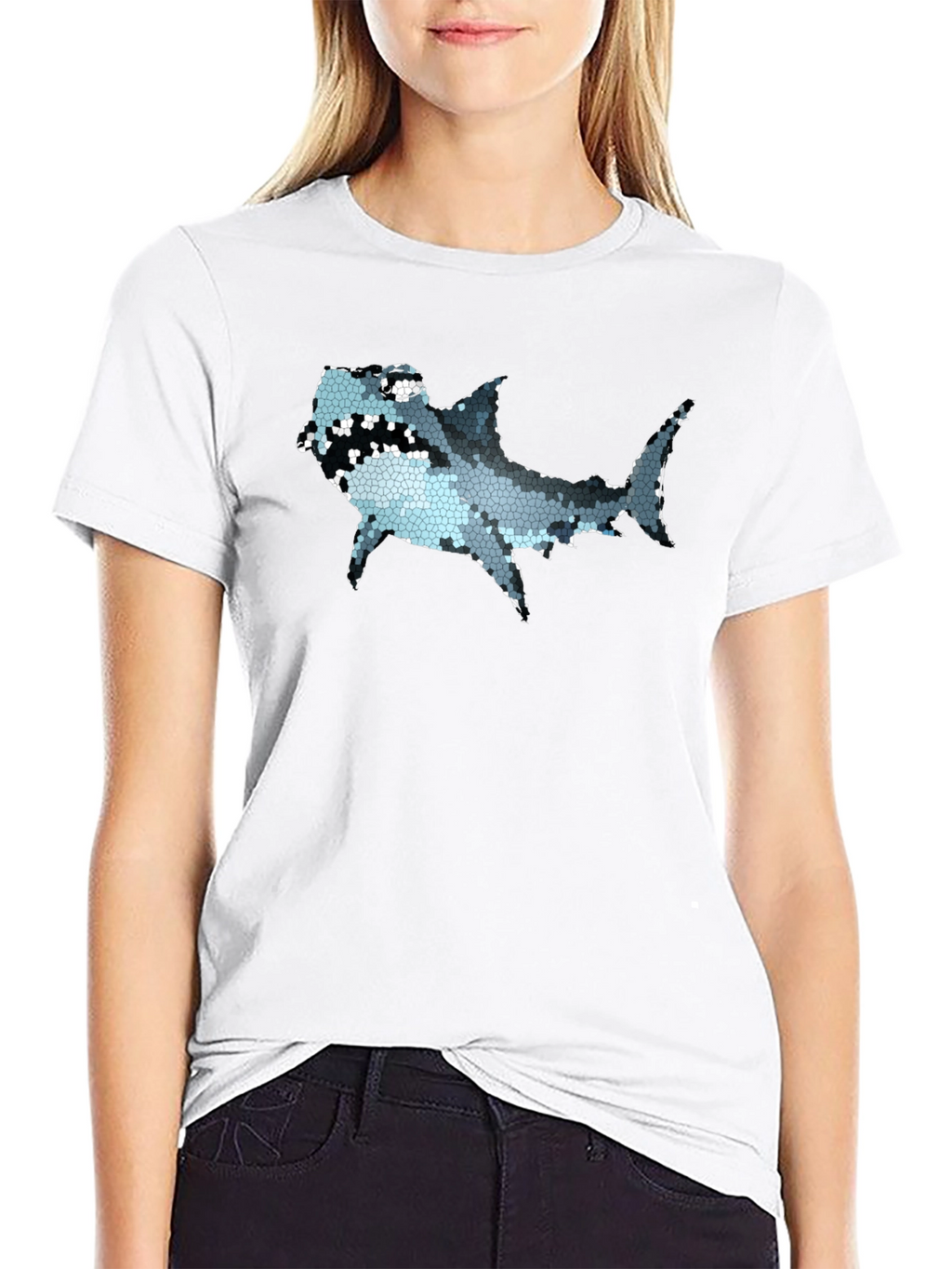 Mosaic Shark Graphic Tee - Black Cotton T-Shirt