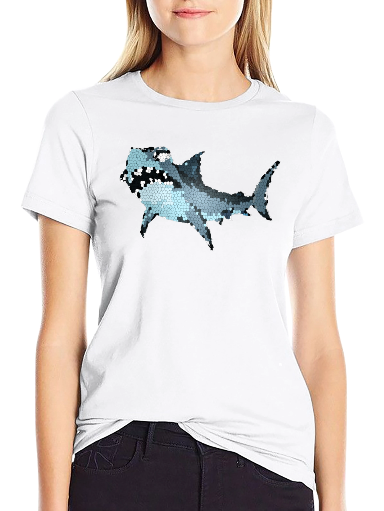 Mosaic Shark Graphic Tee - Black Cotton T-Shirt