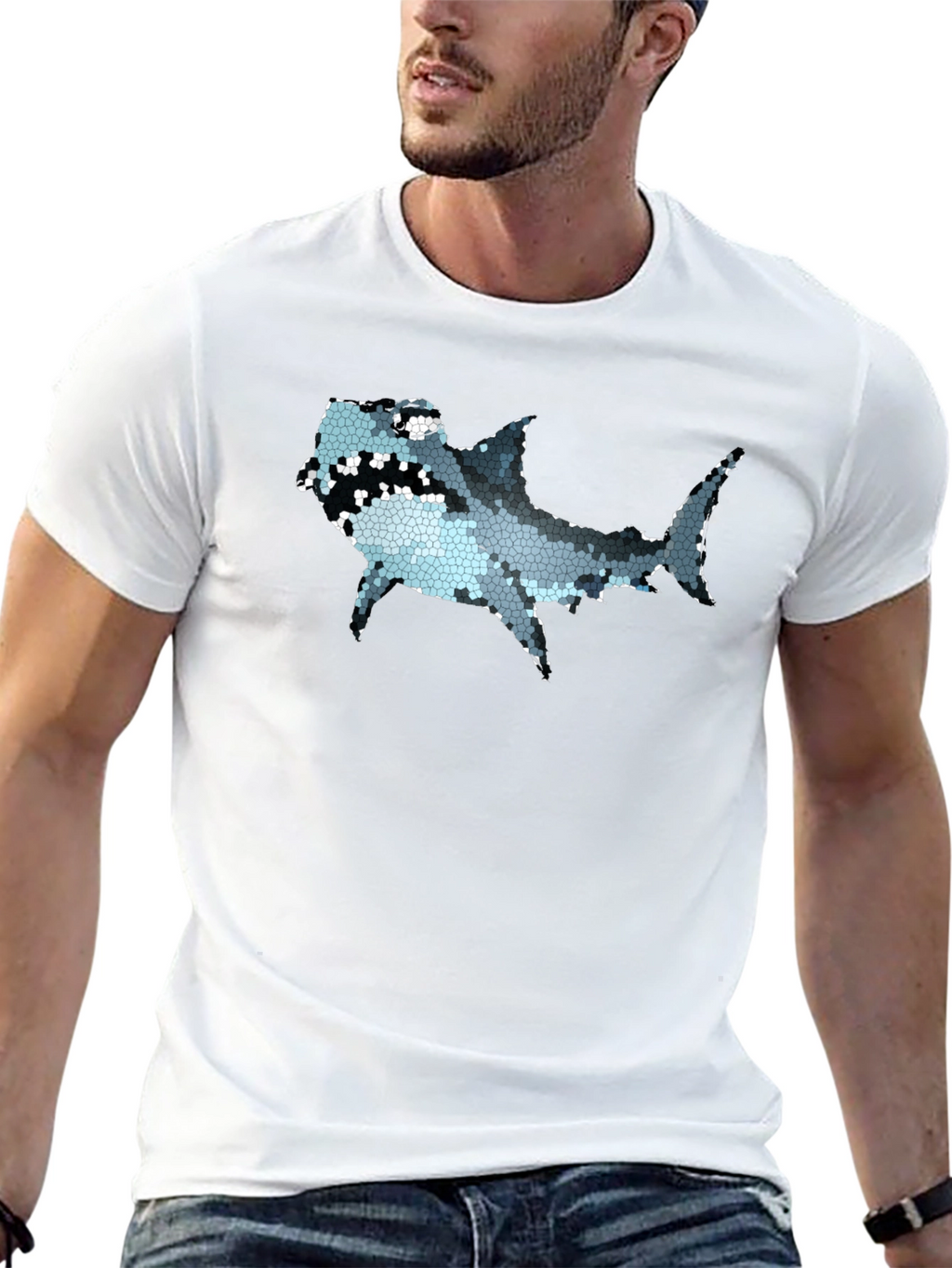 Mosaic Shark Graphic Tee - Black Cotton T-Shirt