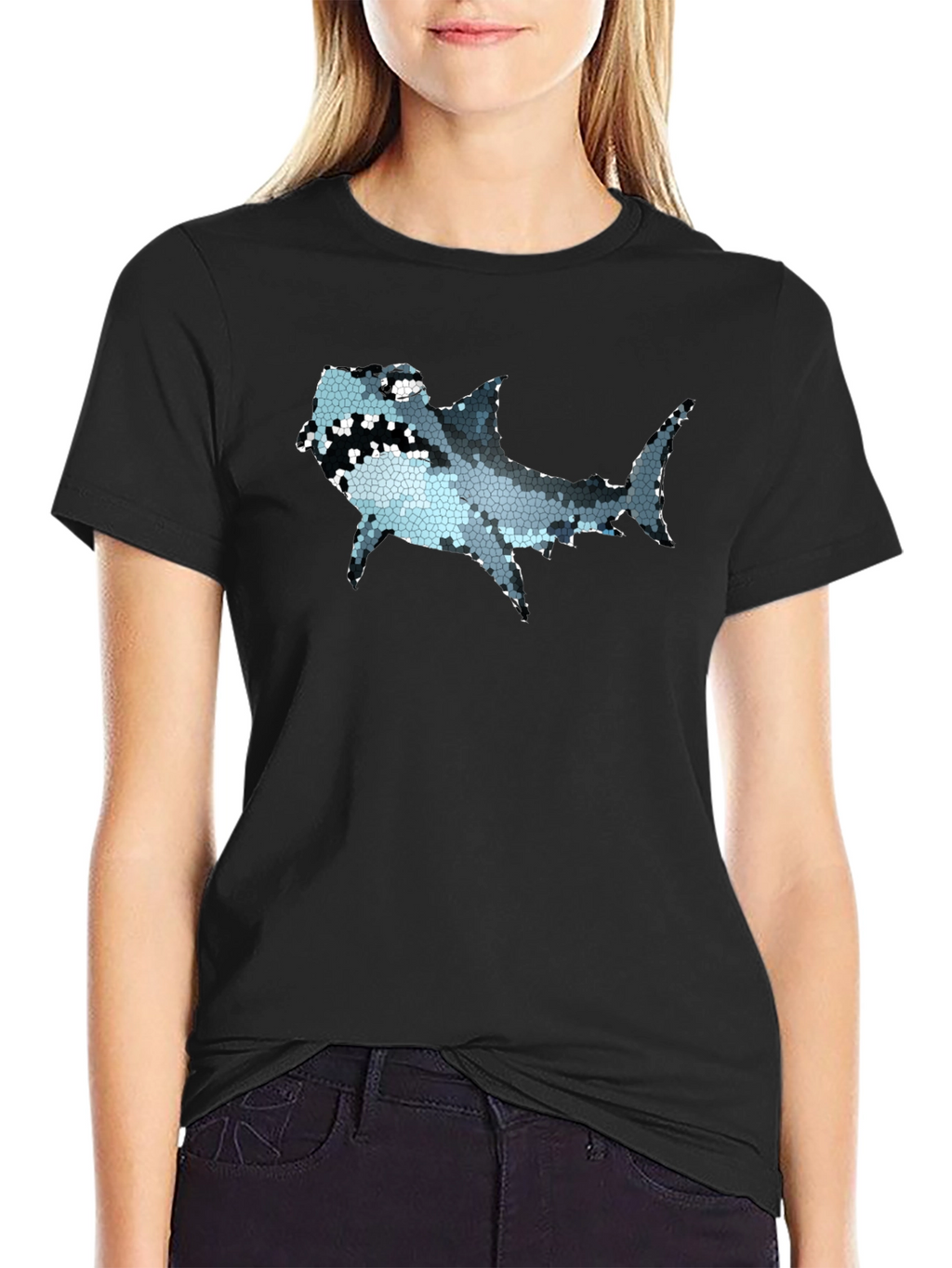 Mosaic Shark Graphic Tee - Black Cotton T-Shirt