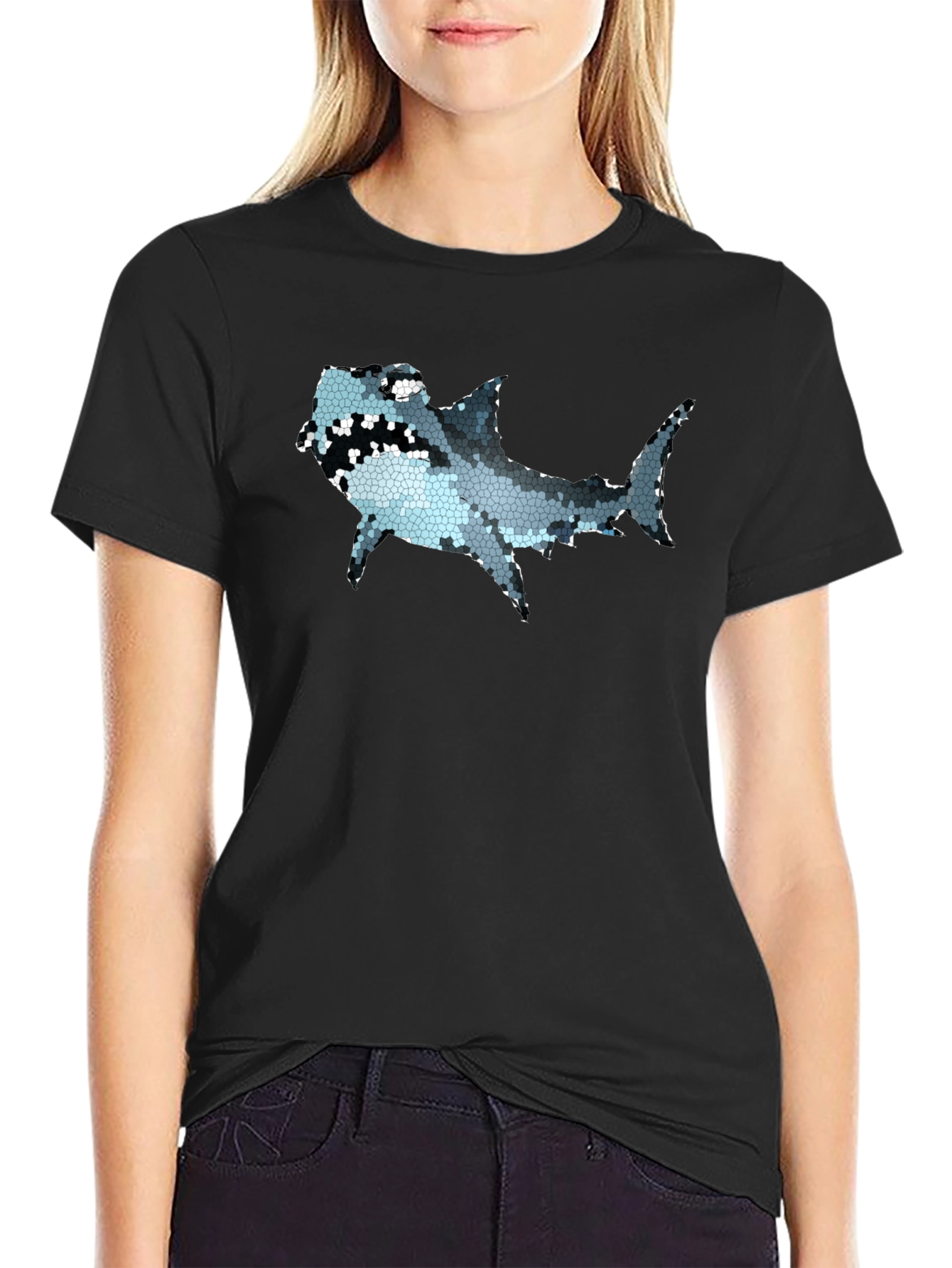 Mosaic Shark Graphic Tee - Black Cotton T-Shirt