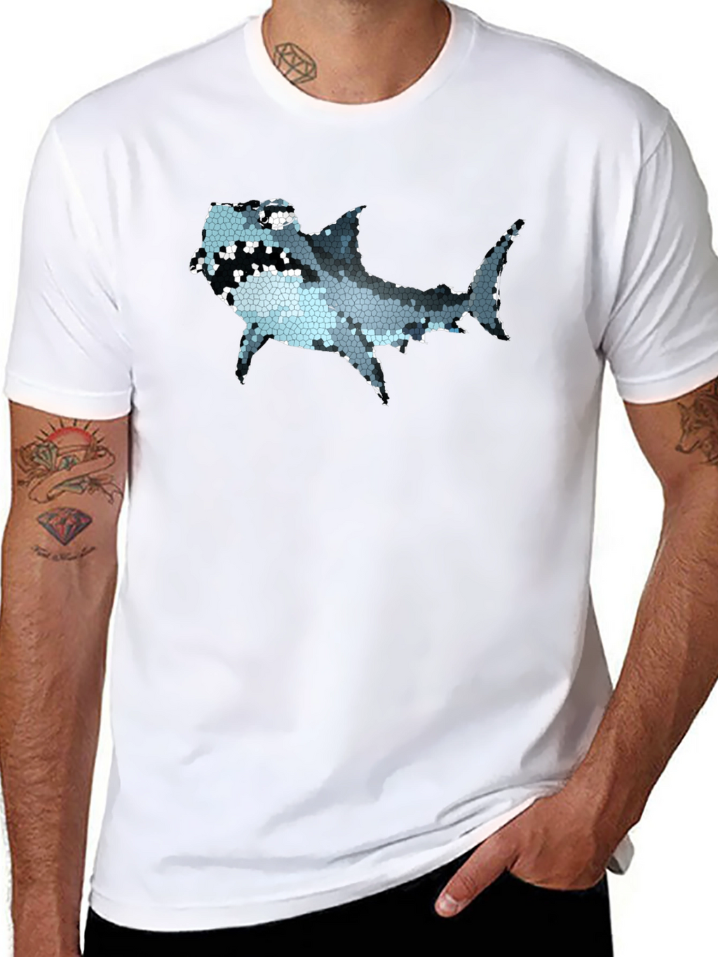 Mosaic Shark Graphic Tee - Black Cotton T-Shirt