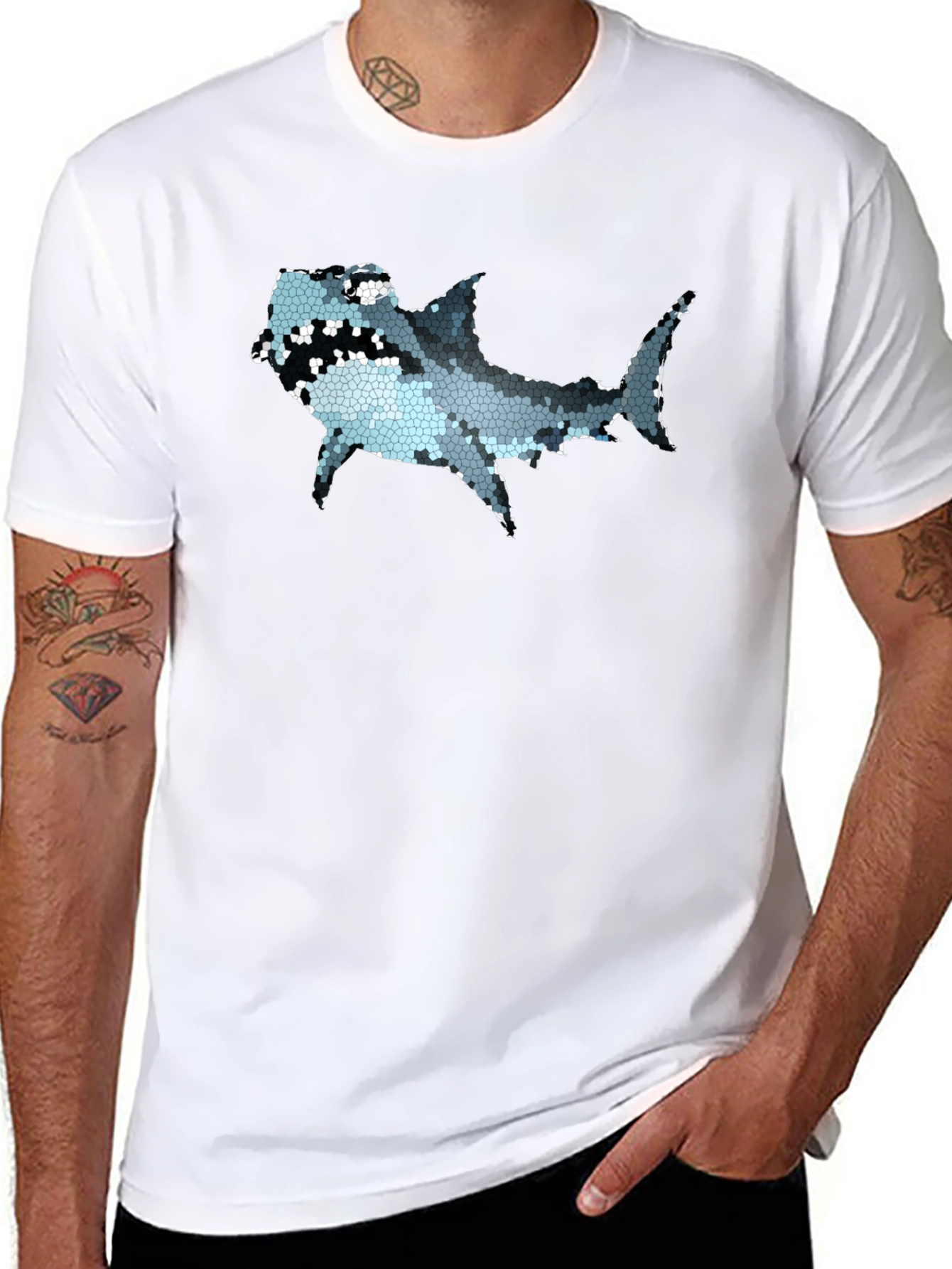 Mosaic Shark Graphic Tee - Black Cotton T-Shirt