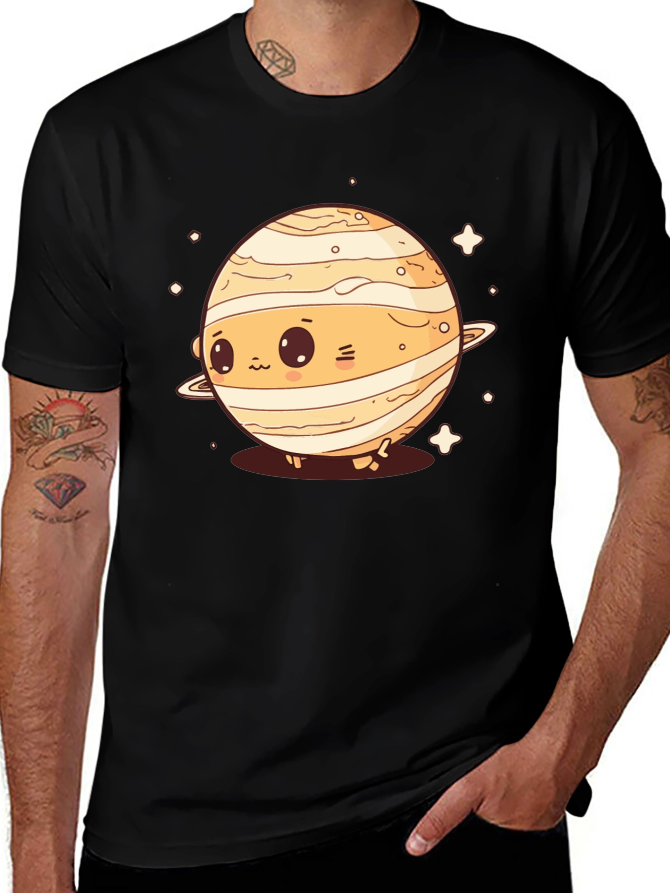 Cute Planet Saturn Graphic T-Shirt - Black
