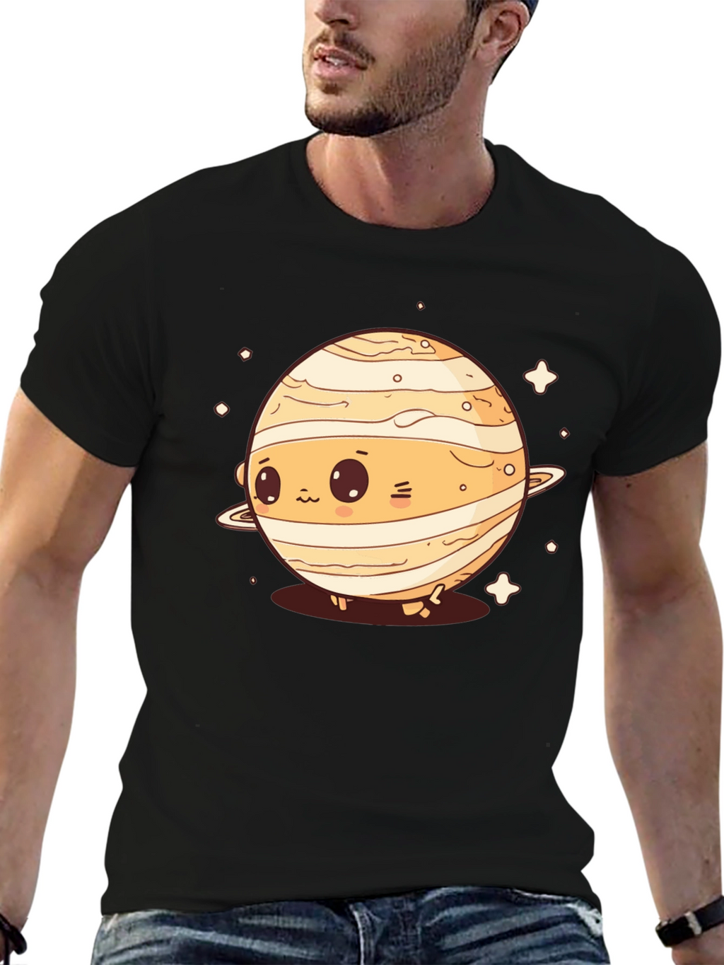 Cute Planet Saturn Graphic T-Shirt - Black