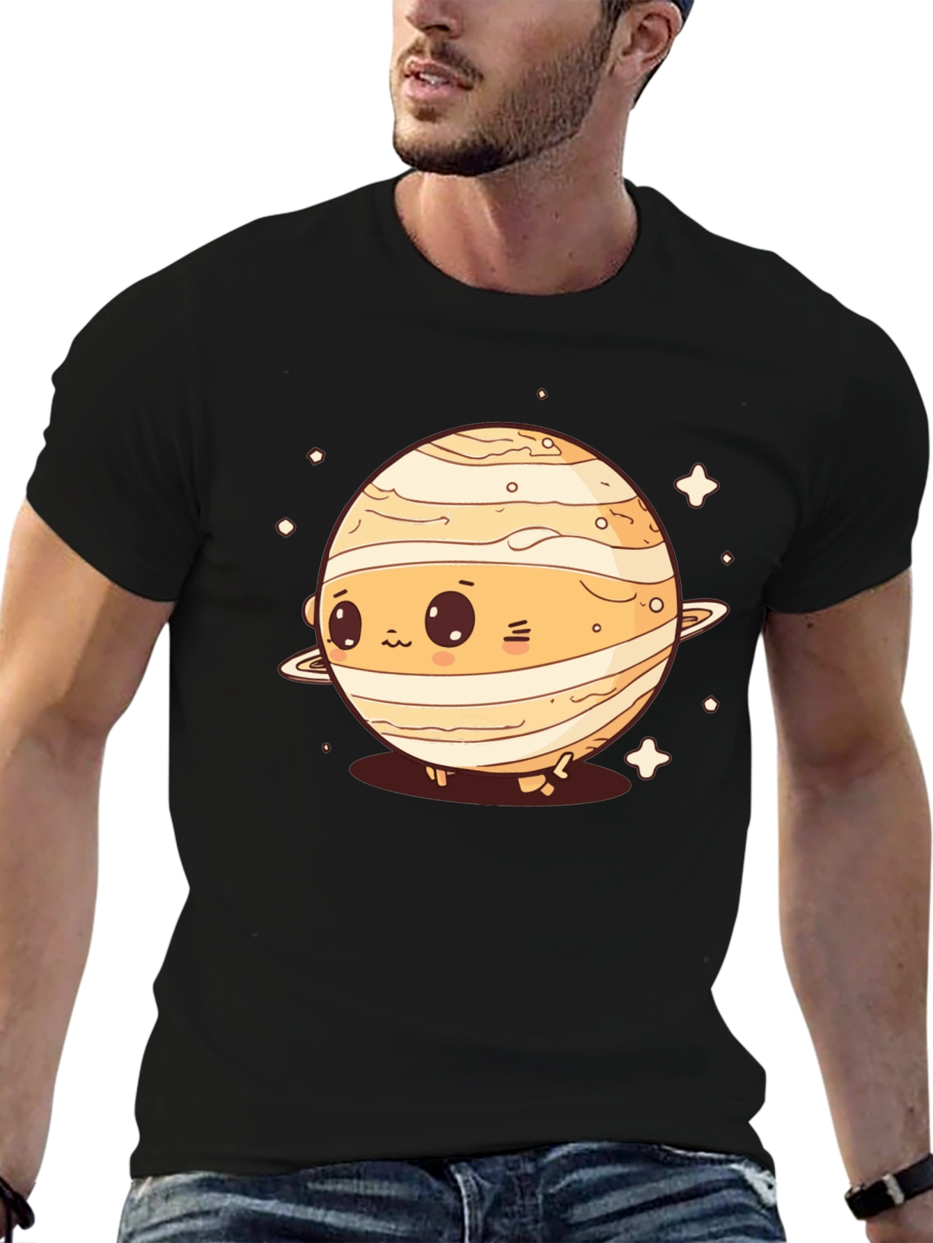 Cute Planet Saturn Graphic T-Shirt - Black